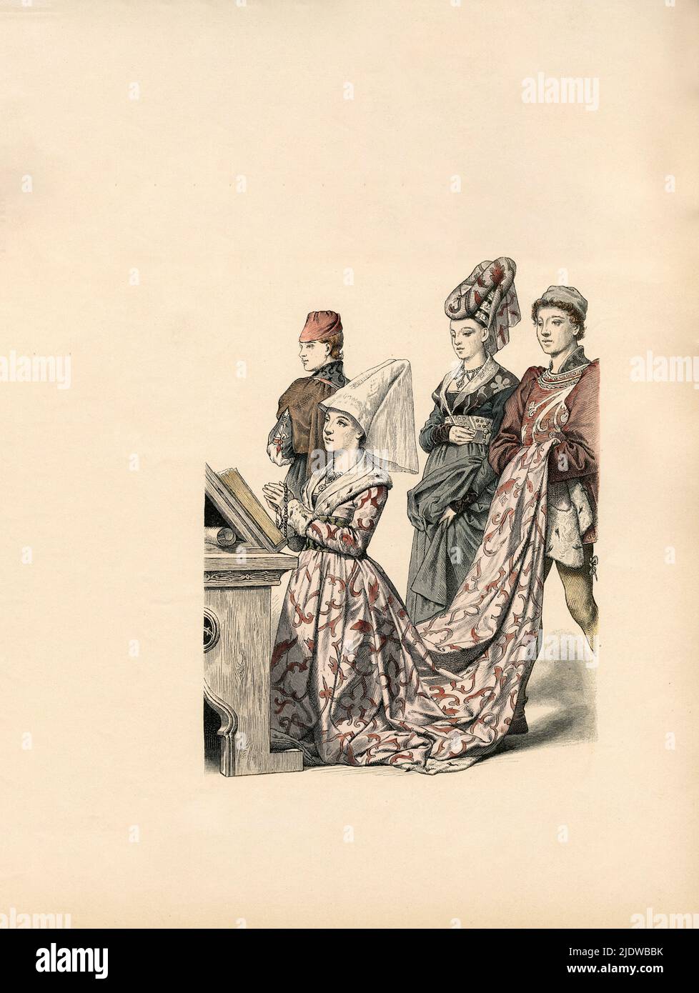 Costumes bourguignons, mi-15th siècle, Illustration, l'histoire du costume, Braun & Schneider, Munich, Allemagne, 1861-1880 Banque D'Images
