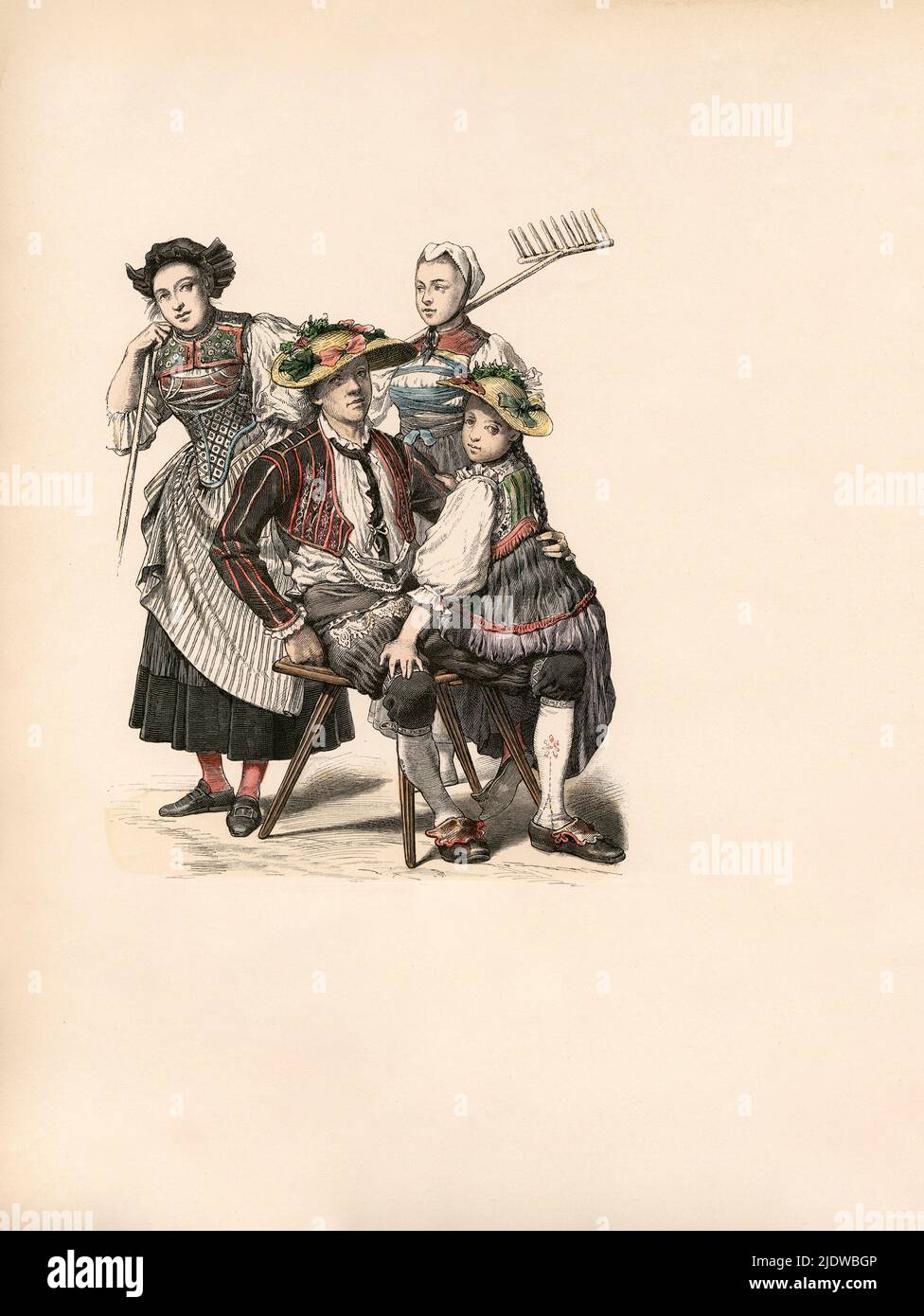 Familles paysannes de Saint-Gall, Zug et Zurich, Suisse, fin du XVIIIe siècle, illustration, The History of Costume, Braun & Schneider, Munich, Allemagne, 1861-1880 Banque D'Images