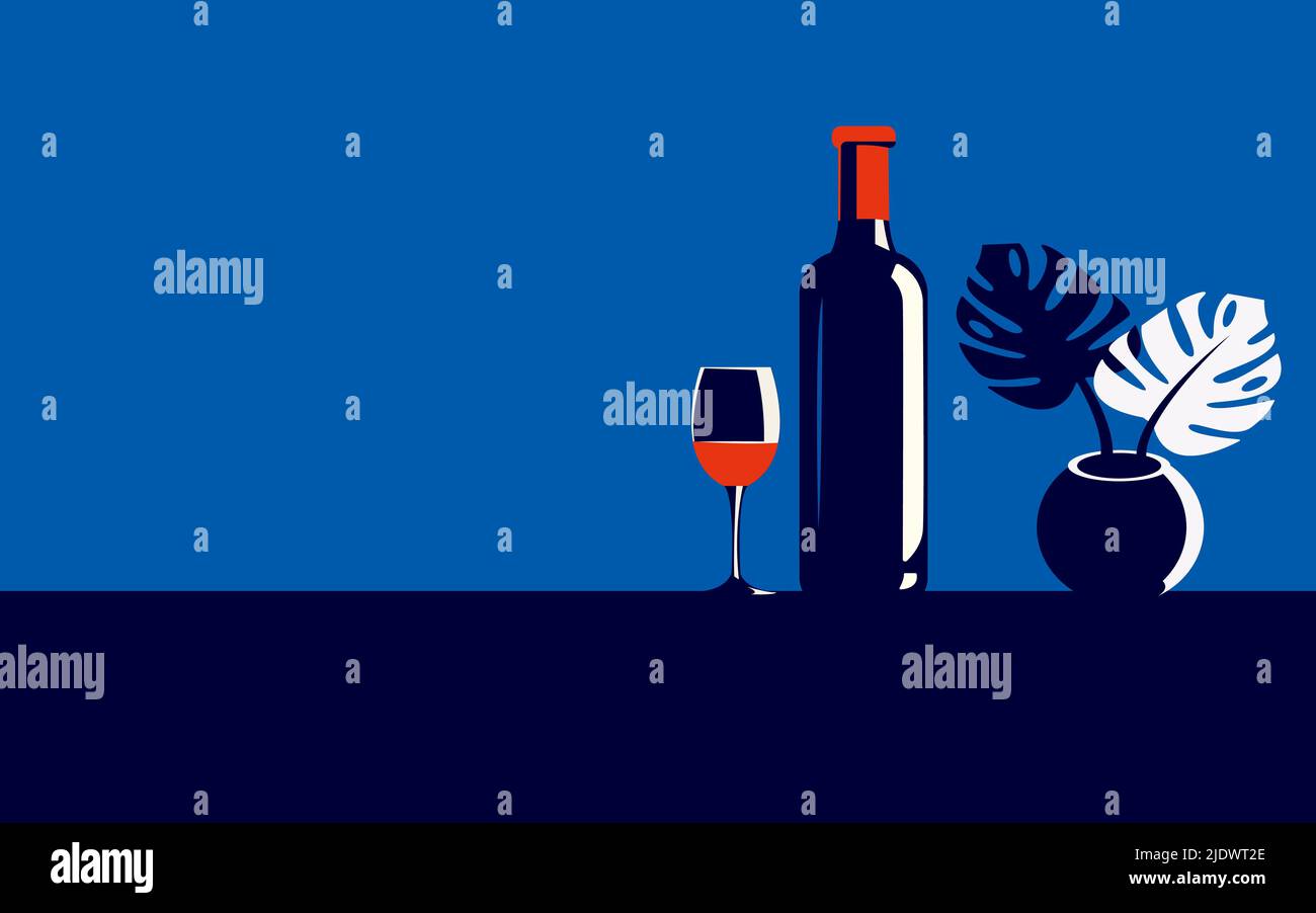 Illustration vectorielle d'une bouteille de vin et d'un verre de vin rouge à côté dans des couleurs tendance dans un style minimaliste Illustration de Vecteur