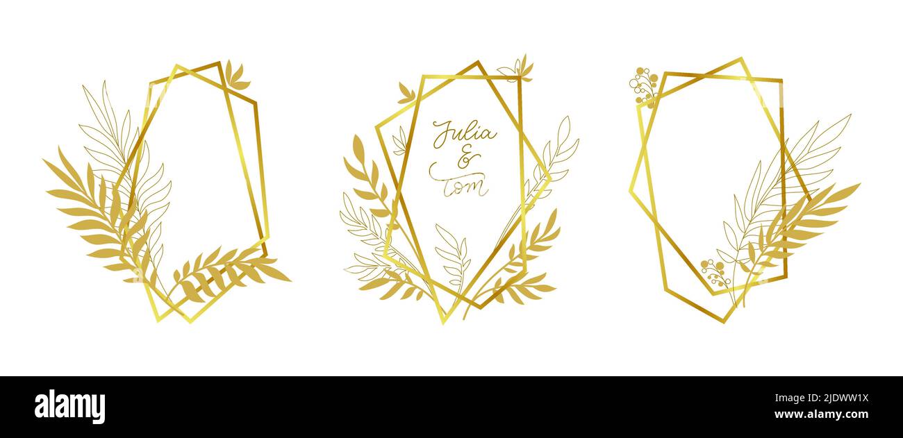Ensemble de cadres floraux polygonaux dorés abstraits. Décor art déco de luxe avec bordure de texte vide de style boho Illustration de Vecteur