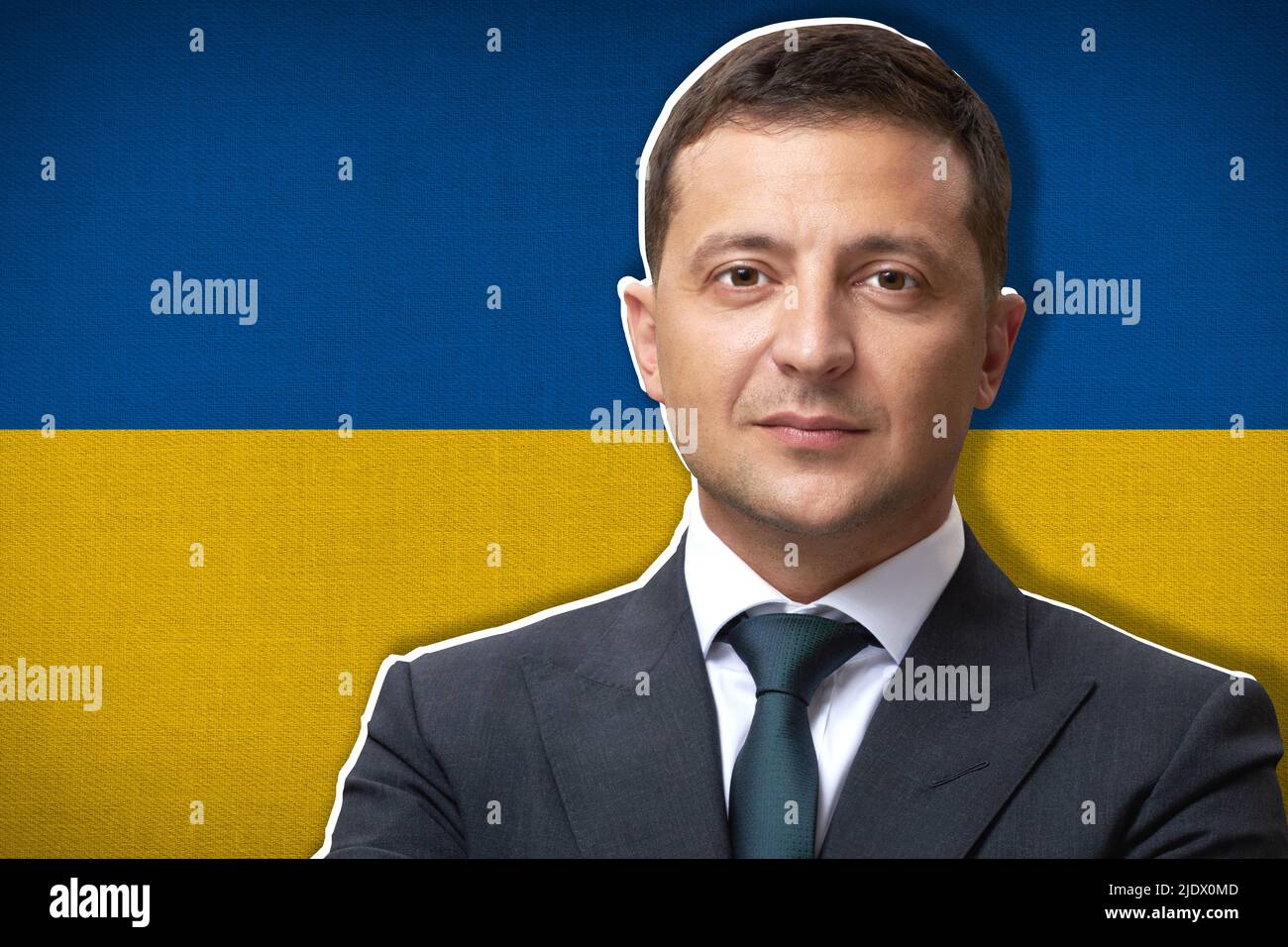 Volodymyr Zelensky et drapeau ukrainien Banque D'Images