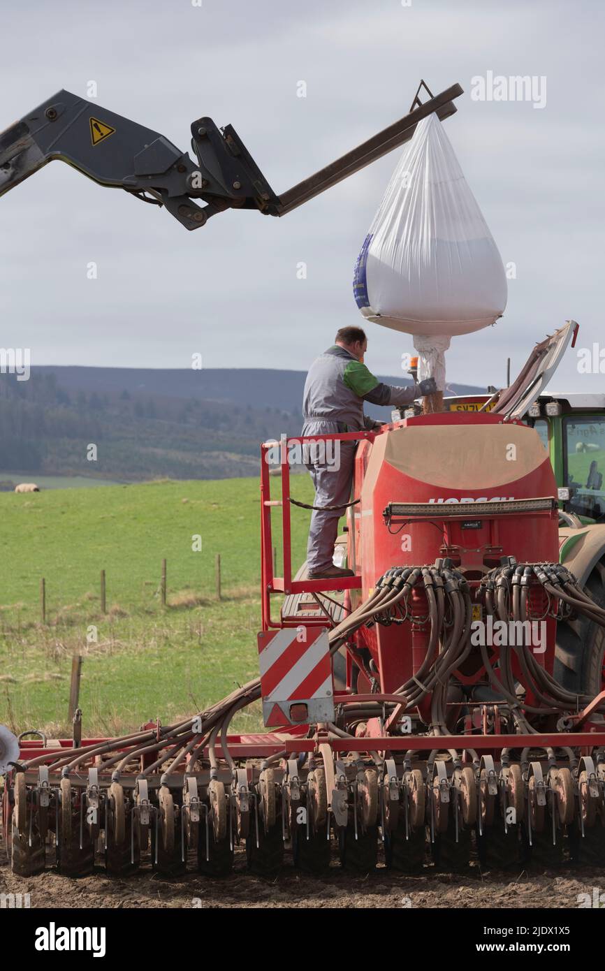 Un exploitant de ferme qui remplit la trémie de semences d'un semoir Horsch à partir d'un sac de grain suspendu à un téléchargeur au printemps Banque D'Images