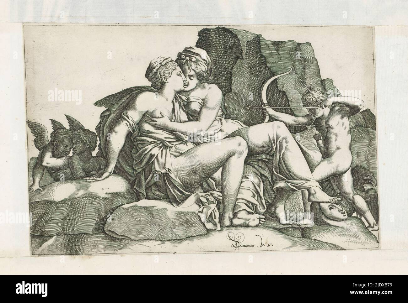 Jupiter et Callisto, Jupiter, reconnaissables par l'aigle de droite, sous le couvert de Diana, séduisant le nymphe Callisto. A droite Amor pointant une flèche sur les deux. Sur la gauche, deux putti., imprimerie: Anonyme, (attribué à), imprimerie: Domenico Vito, (mentionné sur l'objet), après impression par: Pierre Milan, imprimerie: Italie, imprimerie: Italie, après impression par: France, après conception par: Italie, 1560 - 1570, papier, gravure, hauteur 187 mm × largeur 281 mm Banque D'Images