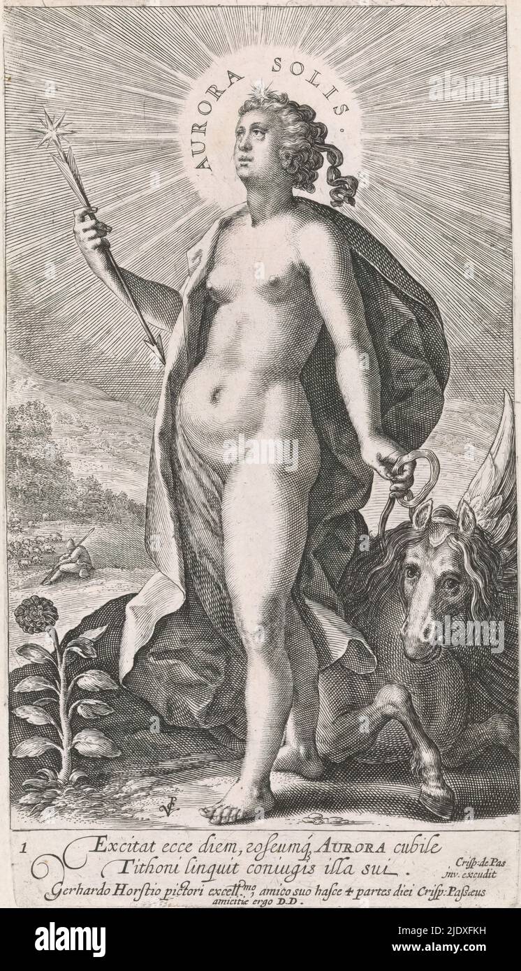 Matin, Aurora Solis (titre sur l'objet), les quatre fois de la journée (titre de la série), Paysage avec Aurora, la déesse de l'aube, comme personnification féminine du matin. Elle est accompagnée de Pegasus, tenant les rênes de sa bride. En arrière-plan un berger avec son troupeau de moutons. Dans la marge, une légende à deux lignes en latin. Ci-dessous, une légende à deux lignes avec une dédicace en latin., imprimerie: Crispijn van de passe (i), après conception propre par: Crispijn van de passe (i), (mentionné sur objet), éditeur: Crispijn van de passe (i), (mentionné sur objet), Utrecht, 1611 - 1637, papier, gravure Banque D'Images