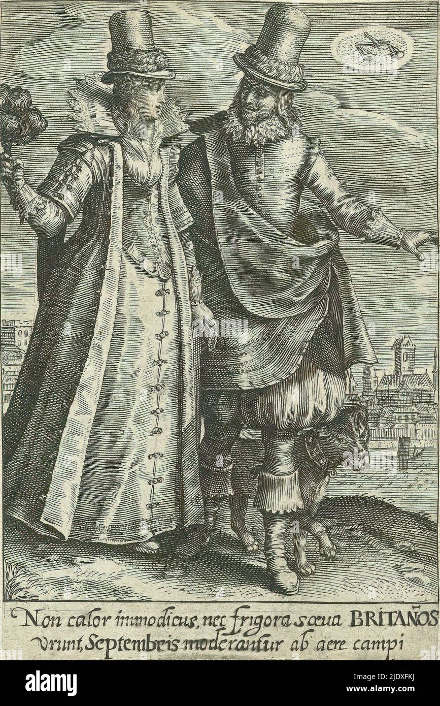 Septembre: Couple d'Angleterre, les douze mois avec des couples en costumes de différents pays (titre de série), homme et femme, vêtu selon la mode anglaise de CA. 1620. La femme tient un ventilateur de bâton de plumes. À côté de l'homme un chien. En arrière-plan un paysage urbain. Dans le coin supérieur droit, le signe de la Balance. Dans la marge une légende de deux lignes en latin sur le climat tempéré et l'Angleterre. Imprimé d'une série montrant les douze mois représentés par des signes du zodiaque et des couples portant des vêtements de différents pays., imprimeur: Crispijn van de passe (II), Northern Neth Banque D'Images