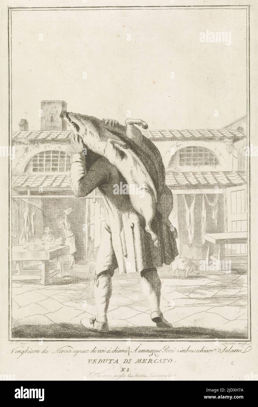 Boucher avec cochon à l'arrière, vendeurs de rue florentins (titre de la série), Un boucher marche avec un cochon sur son dos. En arrière-plan une boucherie. Texte italien en marge inférieure., imprimerie: Carlo Lasinio, éditeur: La Società Calcografica, (mentionné sur l'objet), imprimerie: Italie, éditeur: Florence, 1769 - 1838, papier, gravure, hauteur 268 mm × largeur 180 mm Banque D'Images