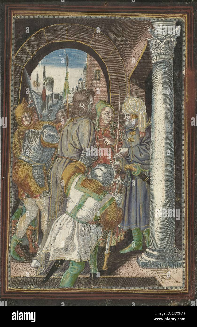 Christ avant Pilate, la passion (titre de la série), Christ étant conduit par des hommes armés à un homme portant un turban (Pilate). Au verso, 26 lignes de texte néerlandais au début du 16th siècle. Cet imprimé fait partie d'une série d'imprimés représentant des scènes de la passion, des copies d'après la passion gravée d'Albrecht Dürer., imprimeur: Anonyme, après impression par: Albrecht Dürer, (mentionné sur l'objet), Allemagne, 1512 et/ou 1512 - 1599, papier, gravure, hauteur 117 mm × largeur 76 mm, hauteur 132 mm × largeur 84 mm Banque D'Images