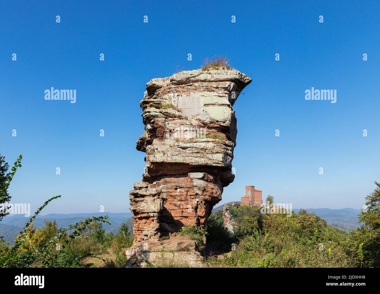 Allemagne, Rhénanie-Palatinat, formation de roche de grès dans la forêt du Palatinat avec château de Trifels en arrière-plan lointain Banque D'Images