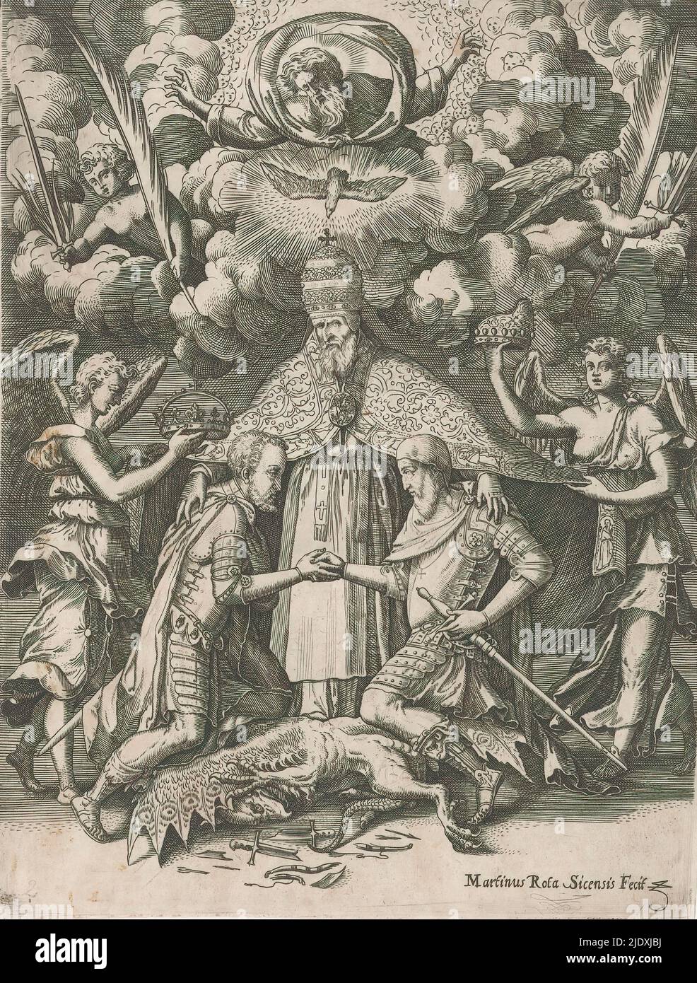 Le pape Pie V fait allusion à Philippe II, roi d'Espagne, le pape Pie V fait allusion à Philippe II, roi d'Espagne. Il se tient au centre; au-dessus de sa tête Dieu le Père dans un nuage, le Saint-Esprit comme une colombe et quelques anges avec des branches de palmier. Devant lui se trouvent Philippe II et le doge de Venise en position agenouillée. Derrière Philippe II un ange avec sa couronne; à droite un ange avec le chapeau de doge à la main. Sous leurs pieds se trouve un dragon abattu. Banque D'Images Le pape Pie V fait allusion à Philippe II, roi d'Espagne, le pape Pie V fait allusion à Philippe II, roi d'Espagne. Il se tient au centre; au-dessus de sa tête Dieu le Père dans un nuage, le Saint-Esprit comme une colombe et quelques anges avec des branches de palmier. Devant lui se trouvent Philippe II et le doge de Venise en position agenouillée. Derrière Philippe II un ange avec sa couronne; à droite un ange avec le chapeau de doge à la main. Sous leurs pieds se trouve un dragon abattu. Banque D'Images
