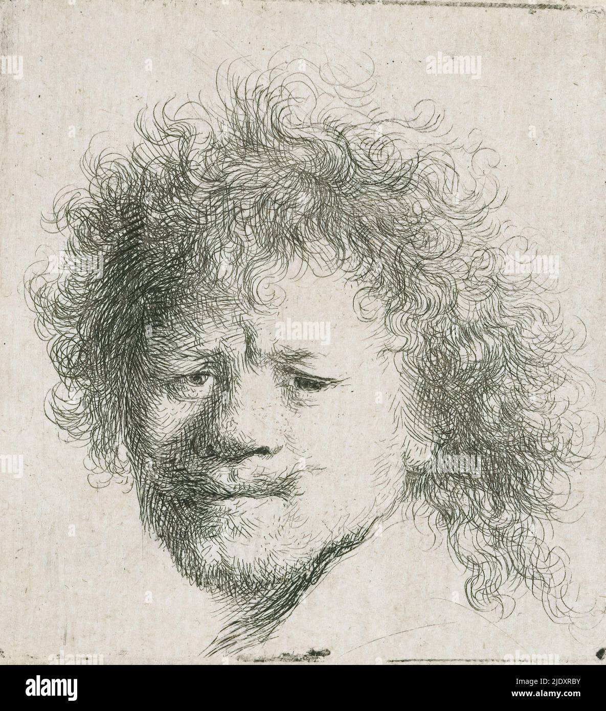 Autoportrait avec de longs cheveux bushy: Tête seulement, imprimeur: Rembrandt van Rijn, après conception propre par: Rembrandt van Rijn, c. 1631, papier, gravure, hauteur 64 mm × largeur 60 mm Banque D'Images