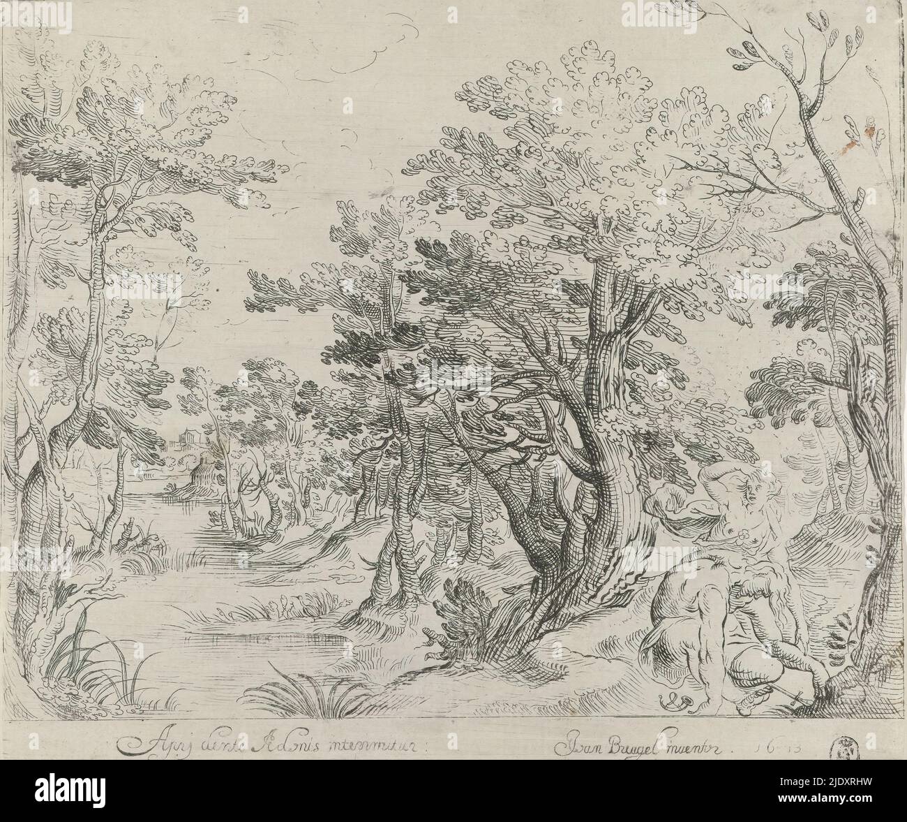 Paysage avec Vénus pleurant la mort d'Adonis, Vénus dans un paysage pleurant Adonis qui a été tué par un sanglier pendant la chasse. A côté du corps d'Adonis une corne de chasse et son épée., imprimeur: Anonyme, après conception par: Jan Brueghel (I), (mentionné sur l'objet), Low pays, 1613, papier, gravure, hauteur 155 mm × largeur 182 mm Banque D'Images