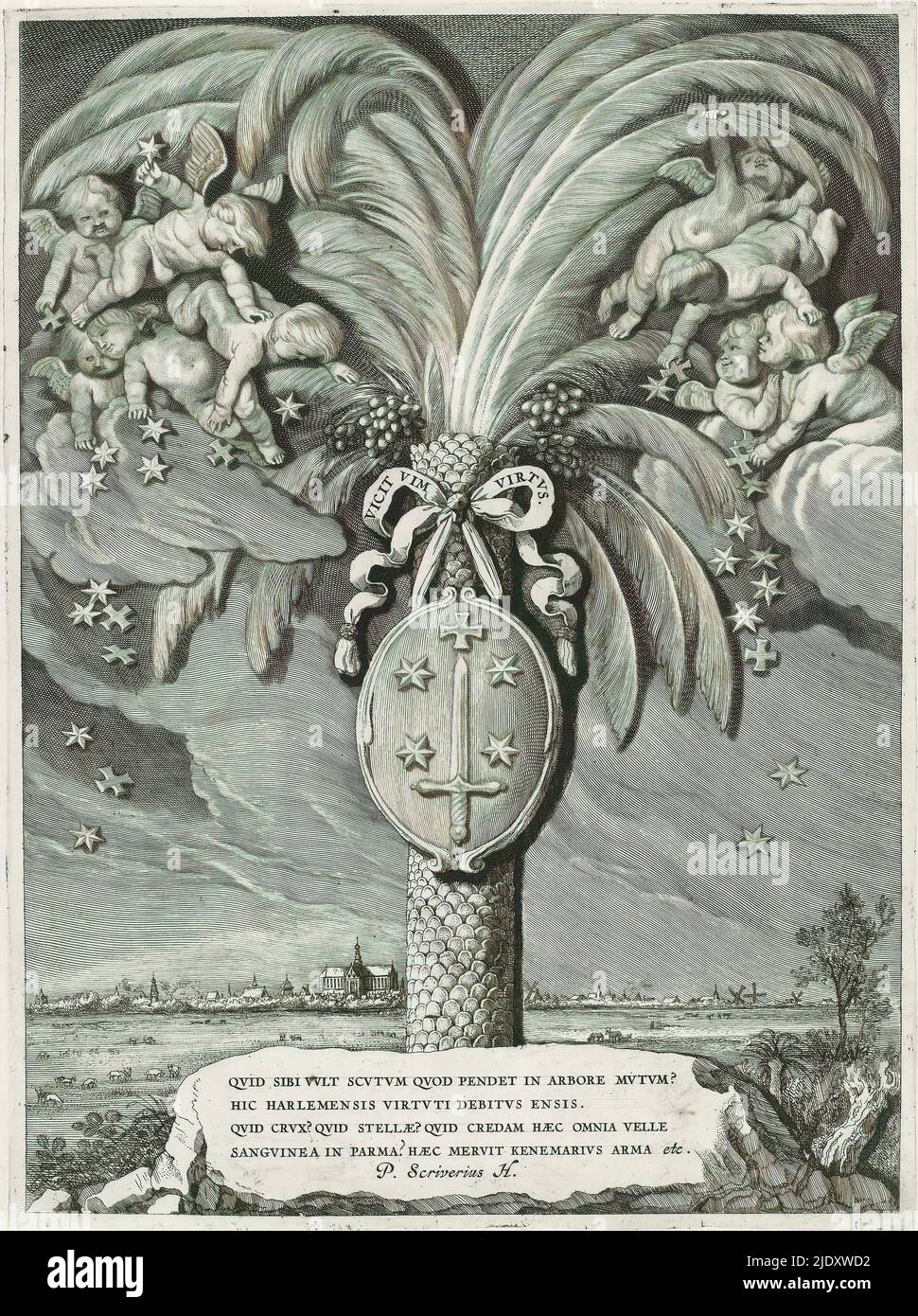 Les bras de la ville de Haarlem, comtes et comtes de Hollande, de Zélande et de la Frise de l'Ouest (titre de la série), les bras de la ville de Haarlem accrochés sur un palmier (référence à la victoire de Haarlem à Damiate, Égypte). Ci-dessus, un bandérole avec la devise des armoiries: 'Vtice vim Virtus.' Dans les prairies de fond et le profil de Haarlem avec St Bavo dans le centre. À gauche cinq anges et à droite quatre anges qui descendent des étoiles et des croix du ciel. Au bas du texte de l'image; dans le bandérole sur le rocher. Cet imprimé fait partie de la série « Counts and Countesses of Holland, Zeeland and West Friesland »., Print Maker: Banque D'Images