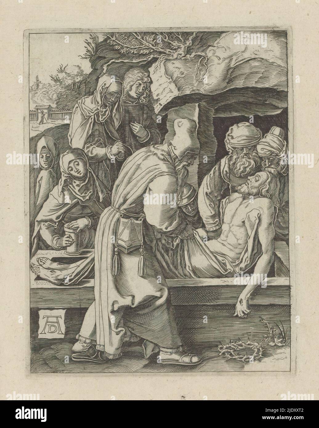 Entombment, The Little passion (titre de la série), Passio Christi AB Alberto Durer Nurenburgensi Effigiata (titre de la série), le corps du Christ est posé dans un tombeau. L'imprimé fait partie d'un album., imprimeur: Anonyme, après impression par: Albrecht Dürer, (mentionné sur l'objet), éditeur: Broer Jansz. (Den Haag), la Haye, 1610 - 1620, papier, gravure, hauteur 130 mm × largeur 100 mm Banque D'Images