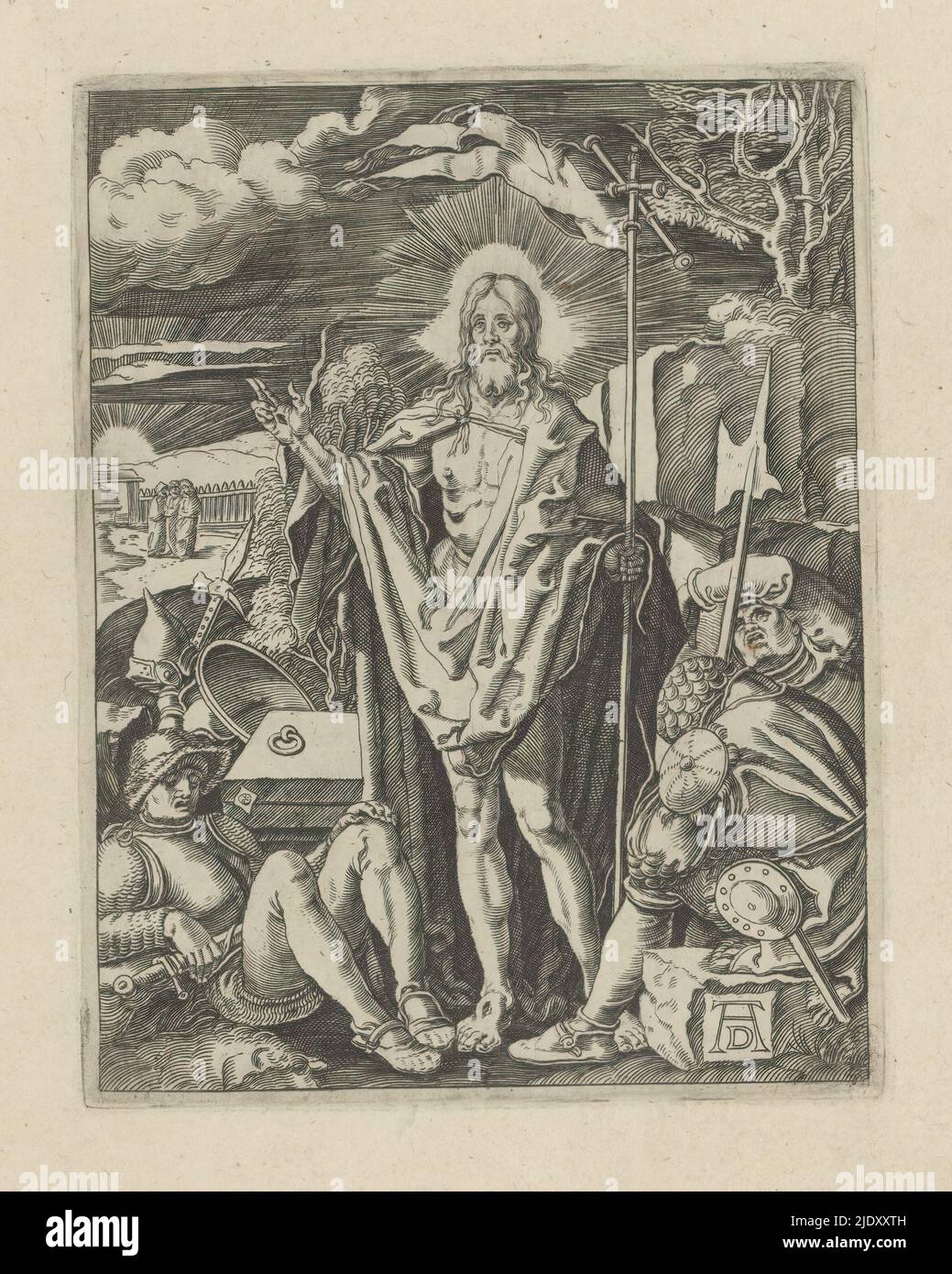 Résurrection du Christ, la petite passion (titre de la série), Passio Christi AB Alberto Durer Nurenburgensi Effigiata (titre de la série), Christ debout devant son tombeau, un personnel avec un pennant en main, entouré de soldats dormantes. L'imprimé fait partie d'un album., imprimeur: Anonyme, après impression par: Albrecht Dürer, (mentionné sur l'objet), éditeur: Broer Jansz. (Den Haag), la Haye, 1610 - 1620, papier, gravure, hauteur 130 mm × largeur 101 mm Banque D'Images