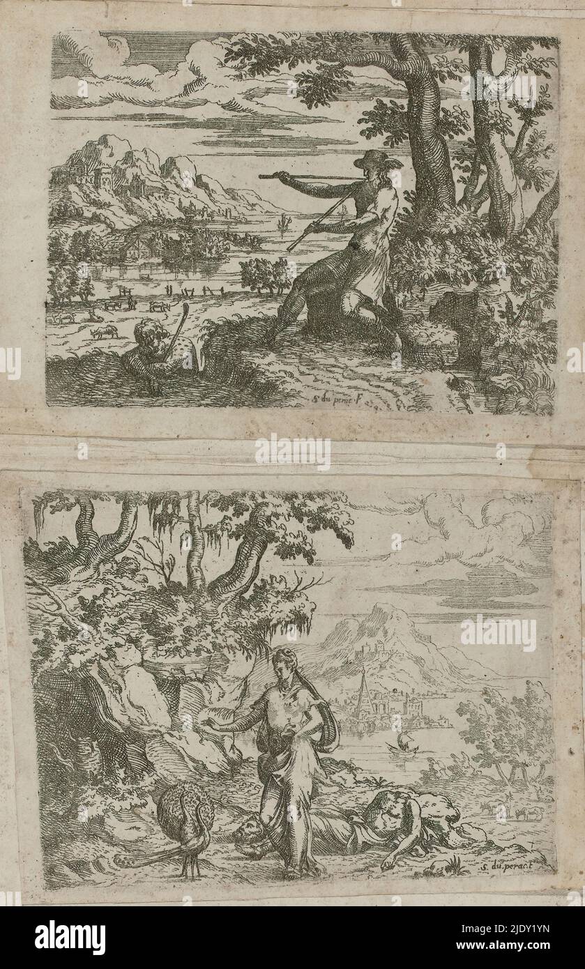Paysage avec diffusion Juno yeux d'Argus sur la queue d'un paon, imprimeur:  Etienne Dupérac, (mentionné sur l'objet), France, 1535 - 1604, papier,  gravure, hauteur 120 mm × largeur 154 mm Photo Stock - Alamy