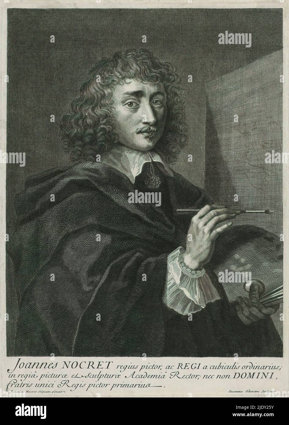 Portrait Jean Nocret, Portrait du peintre Joannes (Jean) Nocret (1615-1672), dans le demi-veau, palette et pinceau en main, debout devant son chevalet. Après un autoportrait peint. Avec légende en latin., imprimeur: Suzanne Silvestre, (mentionné sur l'objet), après conception propre par: Jean Nocret, (mentionné sur l'objet), 1704 - 1738, papier, gravure, gravure, hauteur 302 mm × largeur 221 mm Banque D'Images