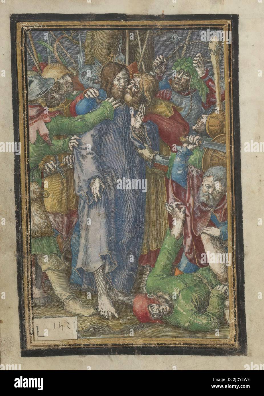 Capture du Christ, passion du Christ (titre de la série), le Christ est capturé par un groupe de soldats. Judas l'embrasse sur la joue. À droite, Pierre lève son épée pour couper l'oreille de Malchus. Malchus essaie du repousser. Cet imprimé fait partie d'un livre de prière manuscrit., imprimeur: Lucas van Leyden, (mentionné sur l'objet), après conception propre par: Lucas van Leyden, Leiden, 1521, papier, gravure, hauteur 150 mm × largeur 104 mm Banque D'Images