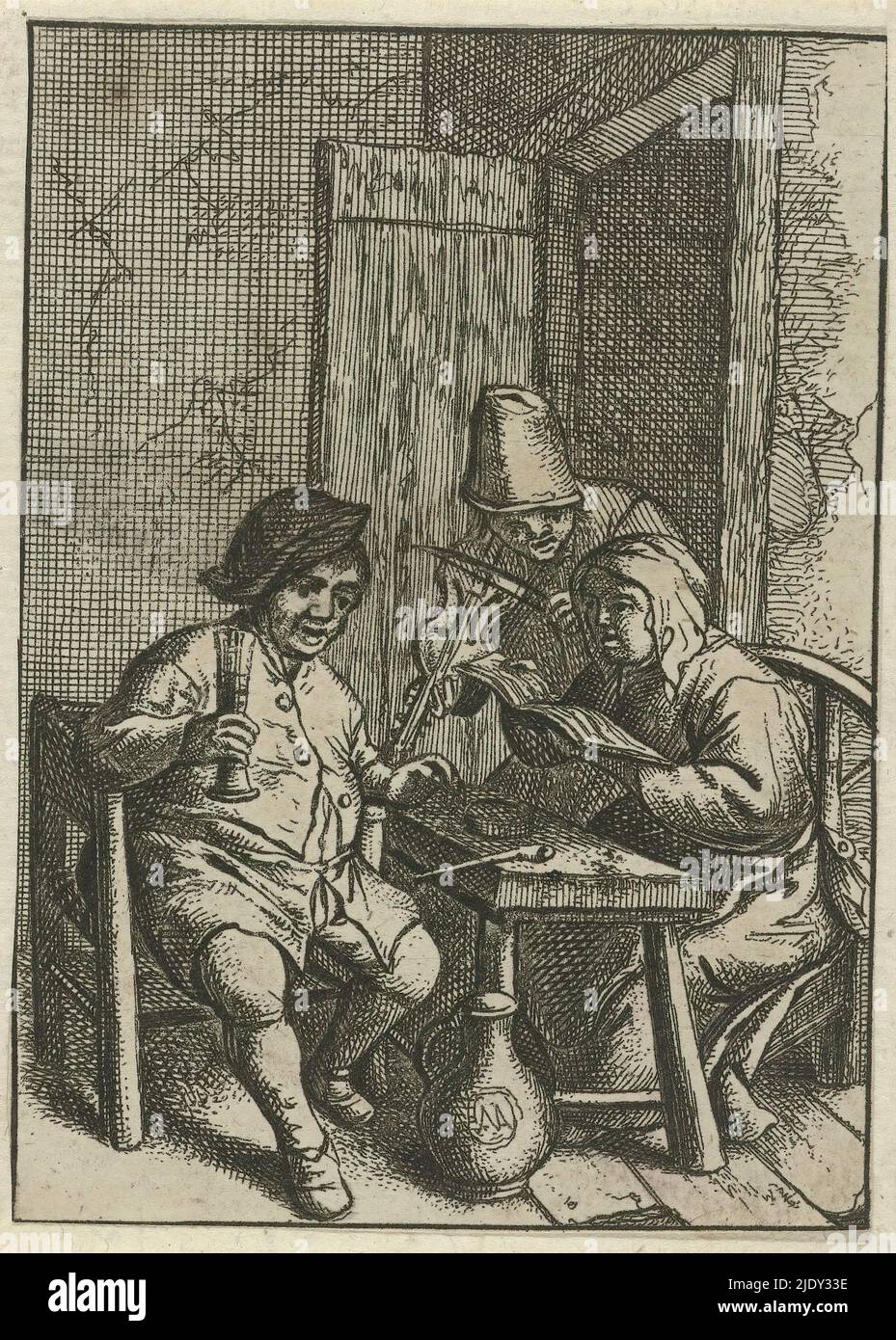 Violon joueur à la table d'un couple, le concert, la femme tient un livre, éventuellement avec de la musique de fond, et l'homme en face a un verre rempli. Près d'eux, un homme joue du violon. Sur le terrain est un pichet., imprimeur: Anonyme, après impression par: Adriaen van Ostade, (copie après), Europe, c. 1653 - 1750, papier, gravure, hauteur 84 mm × largeur 60 mm Banque D'Images