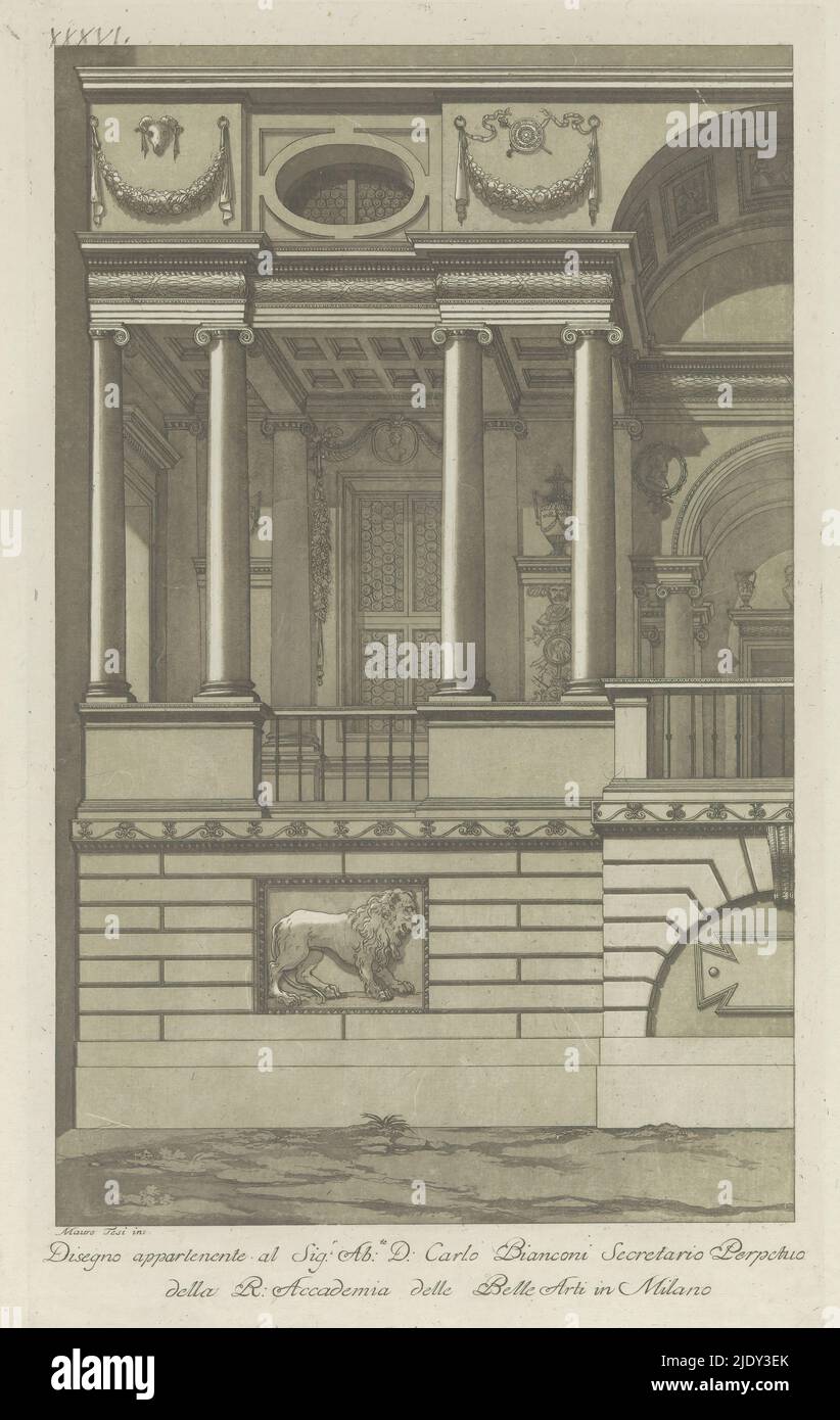 Porche d'entrée avec relief d'un lion au sous-sol, Raccolta di dissegni originali di Mauro Tesi (titre de la série), Imprimer fait partie d'un album., imprimeur: Anonyme, après dessin par: Mauro Antonio Tesi, (mentionné sur l'objet), éditeur: Lodovico Inig, Bologne, 1787, papier, gravure, hauteur 366 mm × largeur 220 mm, hauteur 414 mm × largeur 289 mm Banque D'Images