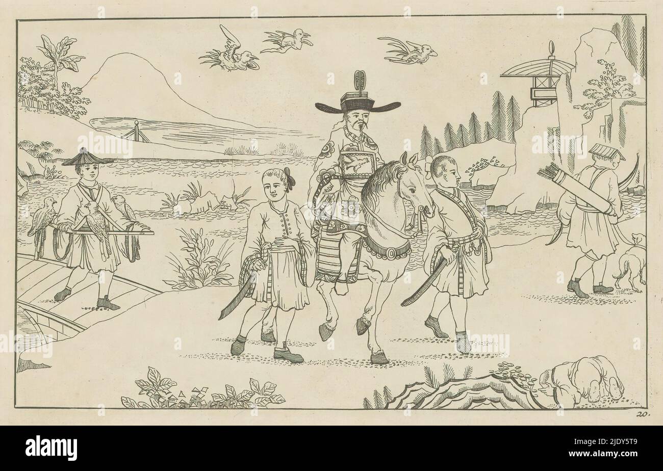 Gentleman chinois sur la chasse aux oiseaux à cheval, Nieuwe geinventeerde Sineesen a rencontré groote moeyte gegeeekent en 't Ligt geégeven, porte P. Schenk Jun (...), deuxième partie (titre de la série), Paysage avec un gentleman chinois à cheval, accompagné des deux côtés par un serviteur. À droite un chasseur avec l'arc et la flèche et le chien de chasse avance. Sur la gauche, un homme sur un pont transportant des oiseaux de proie sur une cagie, un rack rectangulaire qui peut être transporté pour transporter des oiseaux de chasse dans le champ. L'imprimé fait partie d'un album., imprimeur: Pieter Schenk (II), après la conception par: Pieter Schenk (II), éditeur: Pieter SC Banque D'Images