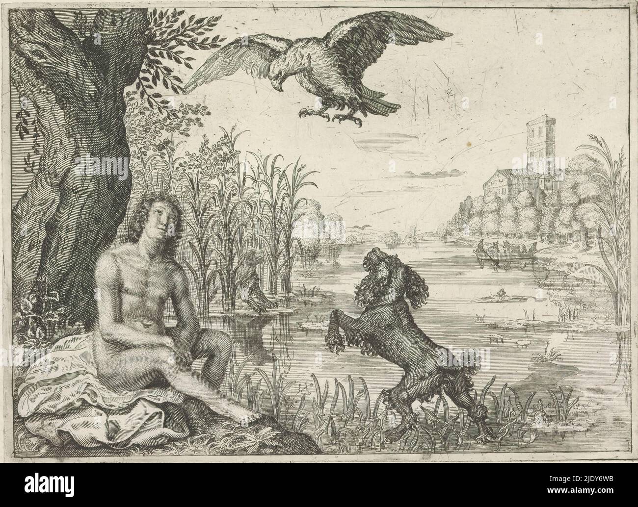 Jupiter joue Ganymede, Metamorphoses d'Ovid (titre de la série), Jupiter est tombé amoureux du berger Ganymede, qui est assis sous un arbre. Jupiter vient voler en tant qu'aigle pour jouer aux échecs avec le jeune homme. Le chien de Ganymede saute. Dans la distance bergers avec des vaches dans un bateau., imprimerie: Crispijn van de passe (II), éditeur: Crispijn van de passe (II), (attribué à), c. 1636 - 1670, papier, gravure, hauteur 163 mm × largeur 224 mm Banque D'Images