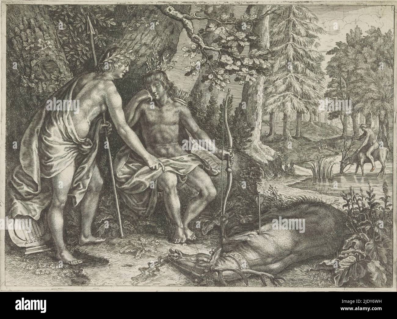 Apollon et Cyparissus, métamorphies d'Ovid (titre de la série), Cyparissus pleure la mort de son cerf favori. L'animal mort se trouve devant lui. Apollo est sur le point du transformer en cyprès. En arrière-plan, Cyparisse abonde son cerf., imprimeur: Crispijn van de passe (II), éditeur: Crispijn van de passe (II), (attribué à), c. 1636 - 1670, papier, gravure, hauteur 167 mm × largeur 229 mm Banque D'Images