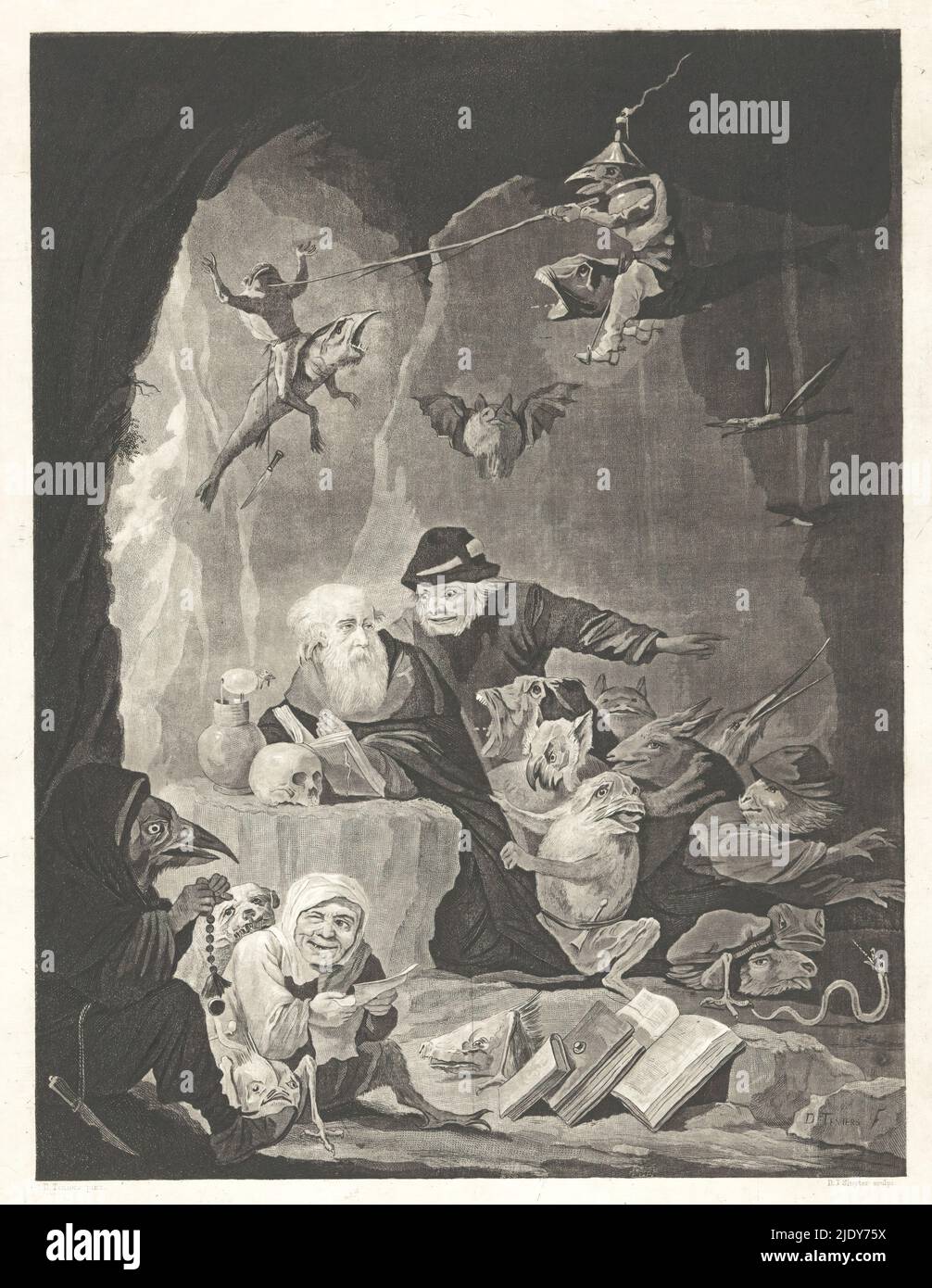 La tentation de Saint Anthony, la tentation de Saint Anthony. Dans une grotte, l'Antony à genoux prie les mains pliées avant un livre ouvert reposant sur un crâne. L'ermite est entouré de toutes sortes de diables et de monstres essayant du distraire. Dans le ciel, une chauve-souris et une grenouille et un oiseau sur le poisson volant joutent. Dans le premier plan gauche un diable dans la robe de moine tenant un rosaire., imprimeur: Dirk Jurriaan Sluyter, après peinture par: David Teniers (II), pays-Bas, c. 1840, papier, gravure, gravure, hauteur 387 mm × largeur 292 mm Banque D'Images