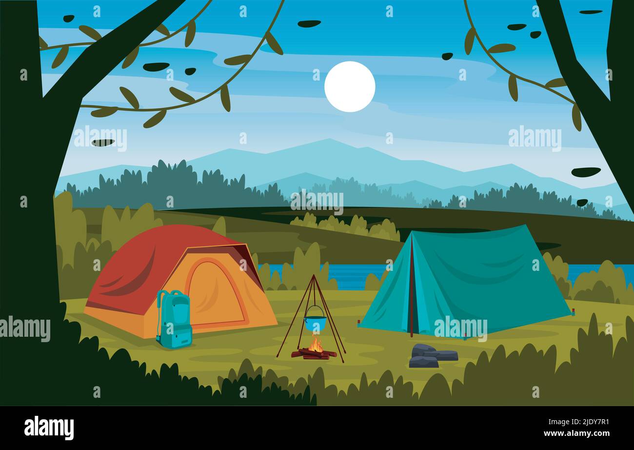 Tente de camp d'été extérieur lac nature aventure vacances Illustration de Vecteur