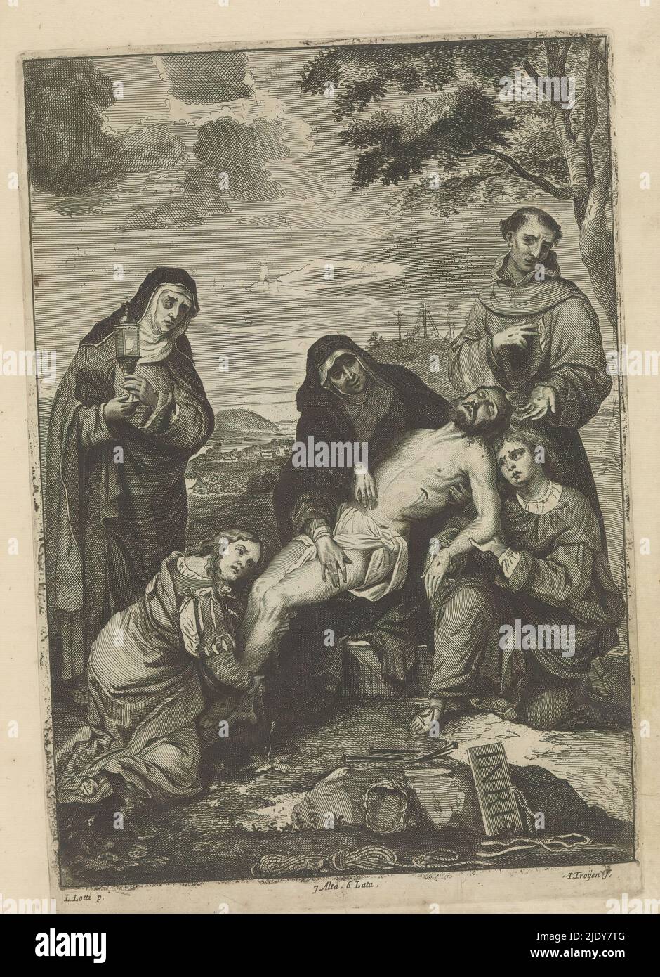 La lamentation du Christ, Marie et Jean l'évangéliste soutient le corps du Christ. Sur la gauche, St. Clare se dresse avec une Monstrance. Mary Magdalene s'agenouille et tient ses jambes. Sur la droite, Saint François d'Assise se tient avec les stigmates. En face sont les instruments de la passion. Cet imprimé fait partie d'un album., imprimerie: Jan van Troyen, (mentionné sur l'objet), après peinture par: David Teniers, après peinture par: Lorenzo Lotto, (mentionné sur l'objet), imprimerie: Sud des pays-Bas, (éventuellement), après peinture par: Sud des pays-Bas, après peinture par: Italie, éditeur: Bruxelles, 1660, Banque D'Images