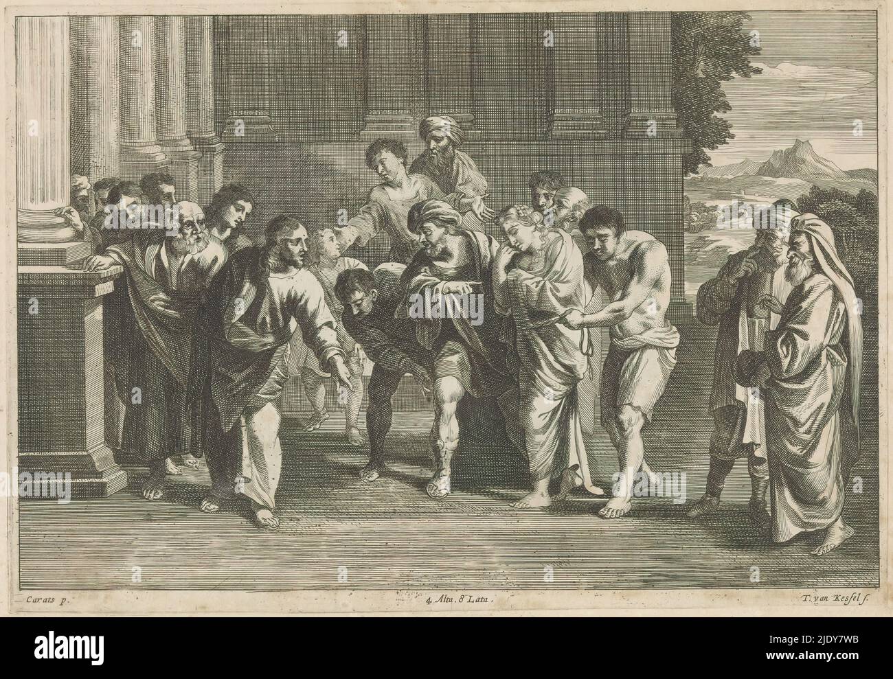 Christ et les Adultérités, les Pharisiens apportent au Christ une femme prise dans l'adultère et lui demandent du jugement. Christ pointe un doigt vers la terre. Cet imprimé fait partie d'un album., imprimeur: Theodorus van Kessel, (mentionné sur l'objet), après peinture par: Annibale Carracci, (mentionné sur l'objet), éditeur: David Teniers (II), imprimeur: Anvers, après peinture par: Italie, éditeur: Bruxelles, 1660, papier, gravure, gravure, hauteur 213 mm × largeur 308 mm Banque D'Images