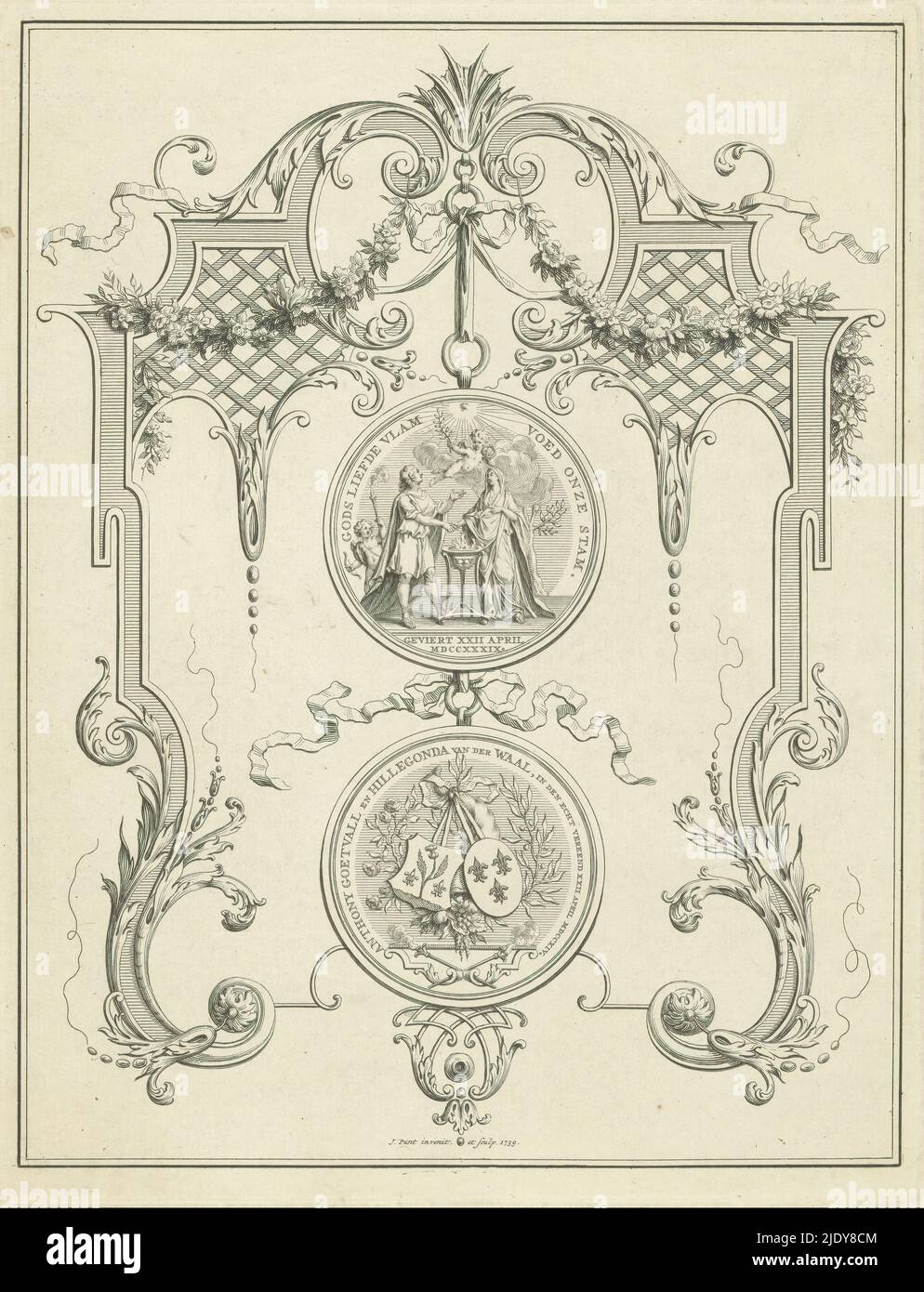 Représentation décorative avec médaille, représentation décorative avec la médaille commémorant l'anniversaire de mariage d'argent d'Anthony Goetvall et Hillegonda van der Waal (Maried 22 avril 1714)., imprimeur: Jan Punt, (mentionné sur l'objet), après son propre dessin par: Jan Punt, (mentionné sur l'objet), pays-Bas, 1739, papier, gravure, hauteur 244 mm × largeur 189 mm, hauteur 285 mm × largeur 223 mm Banque D'Images