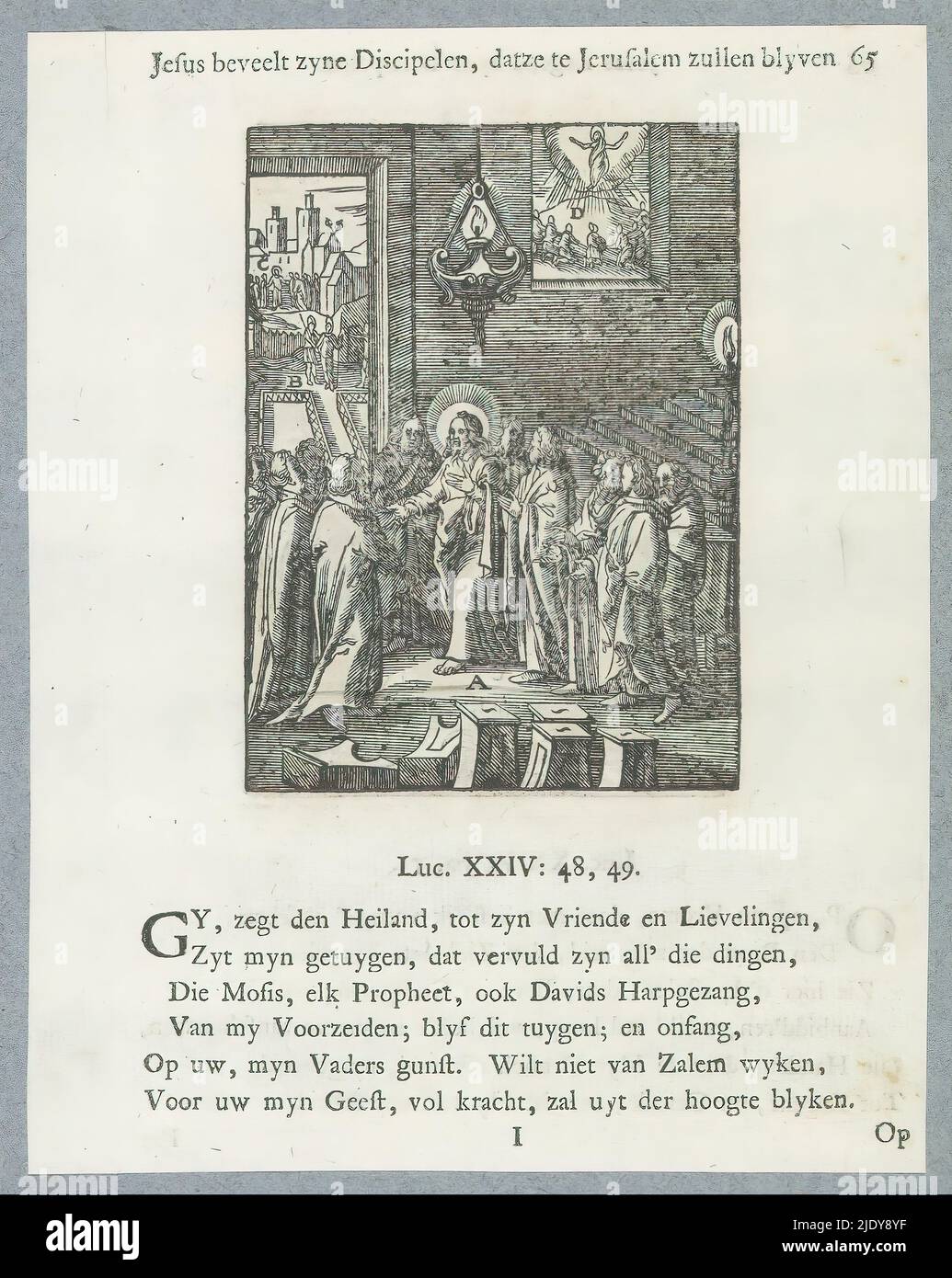 Christ prédit sa mort et sa résurrection, Christ dit à ses disciples de rester à Jérusalem, Jésus ordonne à ses disciples de rester à Jérusalem (titre sur objet), Christ raconte à ses disciples sa mort et sa résurrection. À gauche en arrière-plan, Christ se montre après sa résurrection. A droite, par la fenêtre, on peut voir l'ascension du Christ au ciel. La scène est utilisée ici comme une représentation du Christ qui dit à ses disciples de rester à Jérusalem après sa résurrection. Il y a des lettres à proximité de divers éléments de la représentation. Au-dessus de l'image se trouve un titre. En dessous de elle sont six ve Banque D'Images