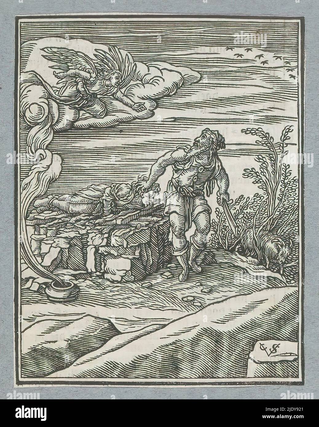 Sacrifice d'Abraham, Abraham lève son couteau pour tuer son fils Isaac, qui est lié sur l'autel. Cependant, un ange l'arrête et pointe vers un bélier qui peut être sacrifié. L'imprimé fait partie d'un album., imprimeur: Christoffel van Sichem (II), (mentionné sur l'objet), imprimeur: Christoffel van Sichem (III), (mentionné sur l'objet), après impression par: Veit Rudolf Specklin, Amsterdam, 1645 - 1646, papier, impression typographique, hauteur 111 mm × largeur 86 mm Banque D'Images