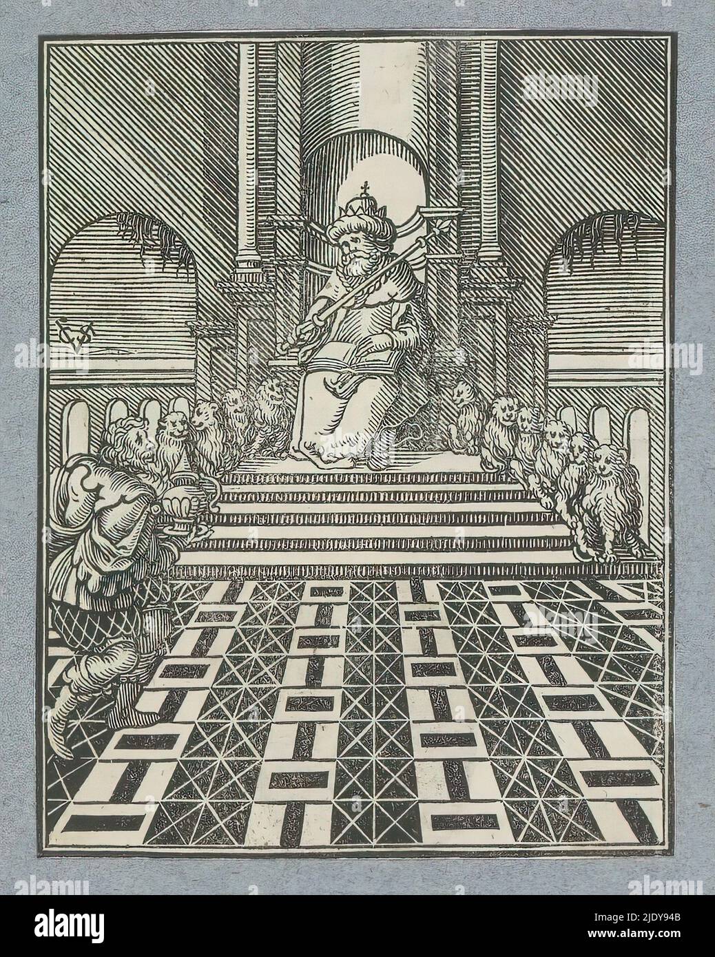 Le trône de Salomon, le roi Salomon est assis sur son trône. Il a un sceptre dans sa main et sur ses genoux est un livre. Selon 1 Rois 10, le trône était d'ivoire, recouvert d'or pur. Six marches ont mené au trône, qui avait un appui-tête rond au sommet et des accoudoirs de chaque côté du siège. À côté des accoudoirs se trouvaient deux lions et sur les six marches douze lions, un de chaque côté de chaque marche. L'homme de gauche offre un cadeau. L'imprimé fait partie d'un album., imprimeur: Christoffel van Sichem (II), (mentionné sur l'objet), imprimeur: Christoffel van Sichem (III), (mentionné sur l'objet), Banque D'Images