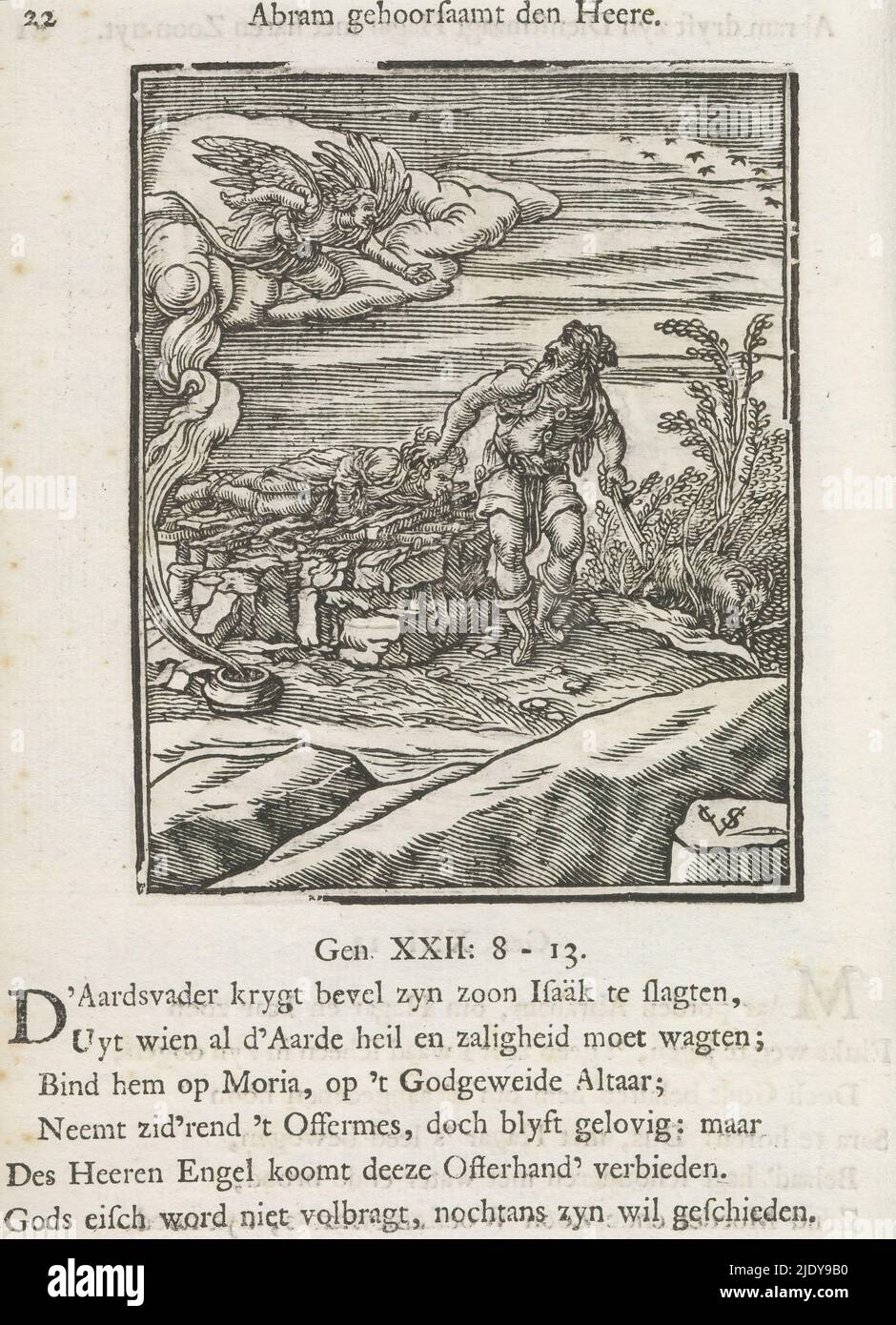 Sacrifice d'Abraham, Abram obéissant au Seigneur (titre sur objet), Abraham lève son couteau pour tuer son fils Isaac, qui est lié sur l'autel. Un ange, cependant, l'arrête et pointe vers un bélier à sacrifier. Au-dessus de la scène un titre. Ci-dessous, six versets et une référence à Genèse 22:8-13. L'imprimé fait partie d'un album., imprimeur: Christoffel van Sichem (II), (mentionné sur l'objet), imprimeur: Christoffel van Sichem (III), (mentionné sur l'objet), Veit Rudolf Specklin, Amsterdam, c. 1645 - c. 1646 et/ou 1740, papier, impression typographique, hauteur 108 mm × largeur 86 mm, hauteur 167 mm × largeur 12 Banque D'Images