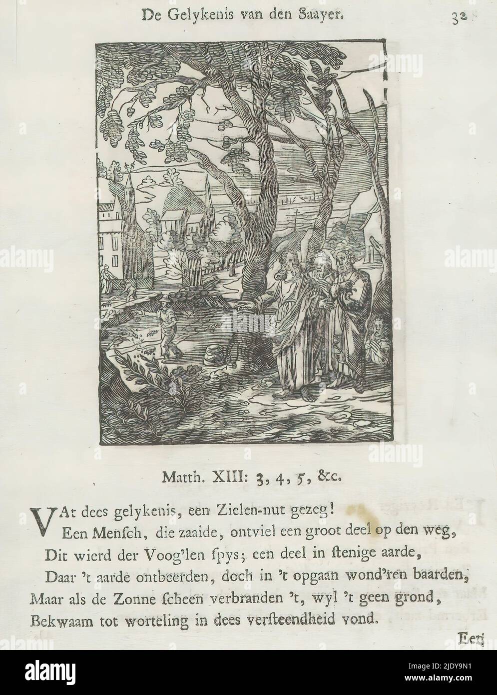 Christ raconte la parabole de la personne, de gelykenis van den saayer (titre sur objet), Christ montre trois hommes à une personne dans le domaine. L'homme fratrie la semence dans son champ. La semence qui tombe sur la route est mangée par les oiseaux. Une autre partie ne trouve pas de bonne terre sur les pierres. Une troisième partie tombe parmi les buissons épineux et est étouffée. Seule la semence dans le champ se retrouve sur un sol de bonne qualité. Dans les maisons de fond et une église. Au-dessus de la scène un titre. En dessous de lui six versets et une référence à Matthieu 13: 3-5. L'imprimé fait partie d'un album., imprimeur: Christoffel van Sichem (II), (mentionné sur obje Banque D'Images