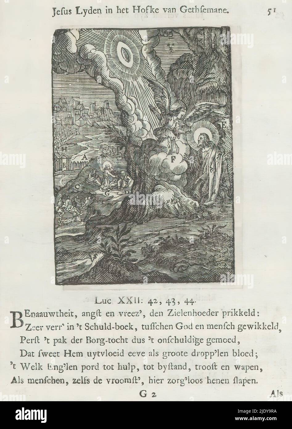 Christ dans le jardin de Gethsémané, Jésus lyden dans het hofke van Gethsémané (titre sur objet), Christ priant dans le jardin de Gethsémané. Un ange apparaît du ciel tenant un calice. Ses disciples dorment en arrière-plan. Au loin, Judas et les soldats arrivent à la porte. Il y a des lettres près de divers éléments de la scène. Au-dessus de l'image se trouve un titre. En dessous, il y a six versets et une référence à Luc 22: 42-44. L'imprimé fait partie d'un album., imprimeur: Christoffel van Sichem (II), (mentionné sur l'objet), après impression par: Hieronymus Wierix, après conception par: Bernardino Passeri, Banque D'Images