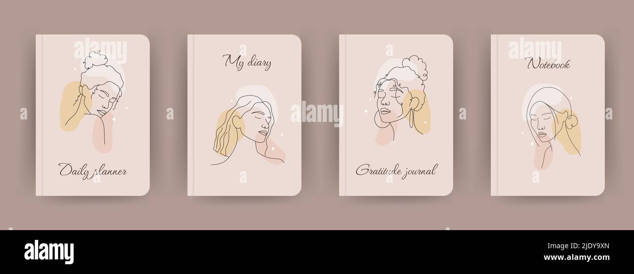 Page de couverture de la collection de carnets. Modèles avec visages féminins abstraits dans un style de ligne. Idéal pour les agendas, les livres, les magazines, les revues, les catalogues Illustration de Vecteur