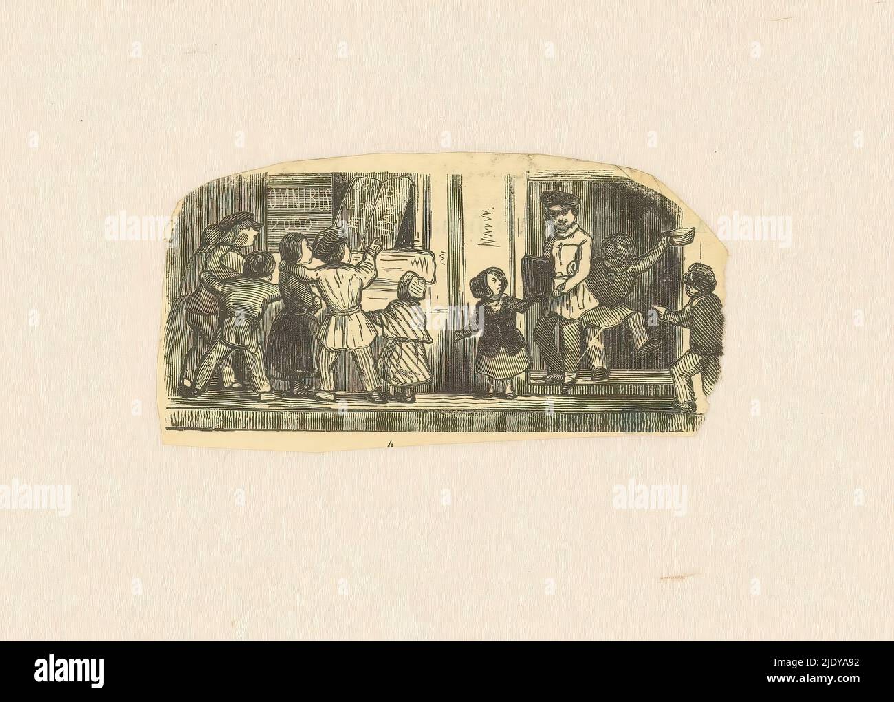 Enfants devant la fenêtre d'une librairie, dans la fenêtre un panneau avec Omnibus 2000., imprimerie: Anonyme, c. 1850, papier, hauteur 39 mm × largeur 83 mm Banque D'Images