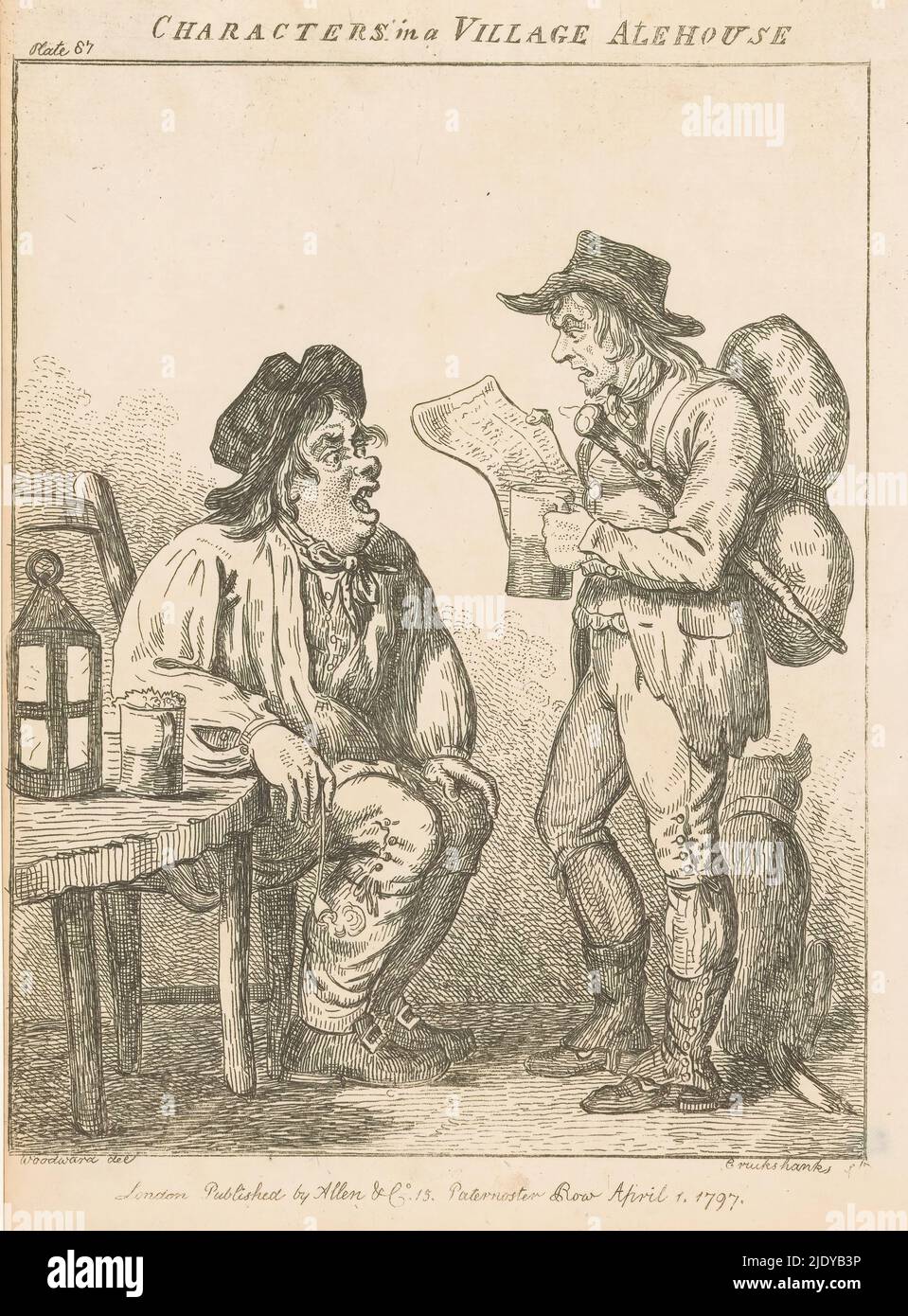 Deux hommes dans un village alehouse à Derbyshire, personnages dans un village alehouse (titre original), scènes de genre de différentes régions d'Angleterre et du pays de Galles (titre de la série), excursions excentriques ou esquisses littéraires et artistiques de visage, de caractère et de pays (titre de la série), Un homme avec un tuyau dans ses mains est assis à une table sur laquelle se trouvent un verre de bière et une lampe. Face à lui est un vendeur itinérant avec un costume sur son dos et un bâton sous son bras. D'une part, il tient un verre de bière, de l'autre un journal. Numéroté en haut à gauche: Plaque 87., imprimeur: Isaac Cruikshank, (mentionné sur l'objet), Banque D'Images