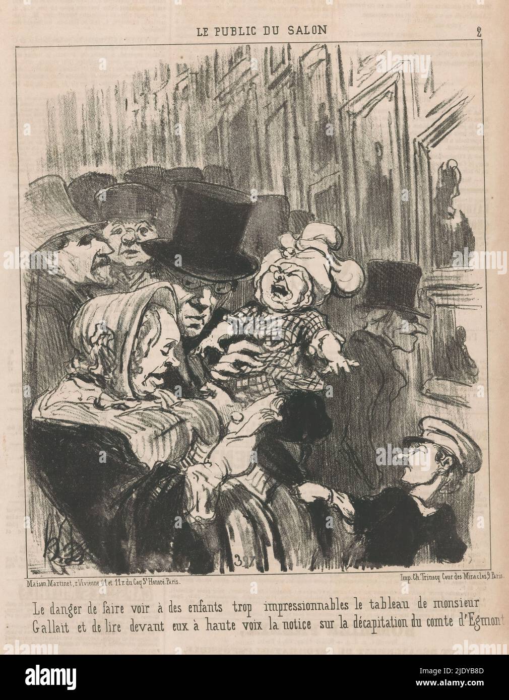 Pleurs enfants dans un salon, le public du salon (titre de la série sur objet), dans un salon bondé, un enfant commence à pleurer après avoir vu un tableau de Louis Gallait. Il s'agit probablement du « dernier hommage aux comtes d'Egmond et de Horne », produit vers 1851, montrant un lit avec les têtes sectées des deux comtes. Texte sur le verso. Numéroté en haut à droite: 2., imprimerie: Honoré Daumier, (mentionné sur l'objet), imprimeur: Charles prudent Trinocq, (mentionné sur l'objet), éditeur: Aaron Martinet, (mentionné sur l'objet), Paris, 28-avr-1852, papier, impression typographique, hauteur 366 mm × largeur 250 mm Banque D'Images