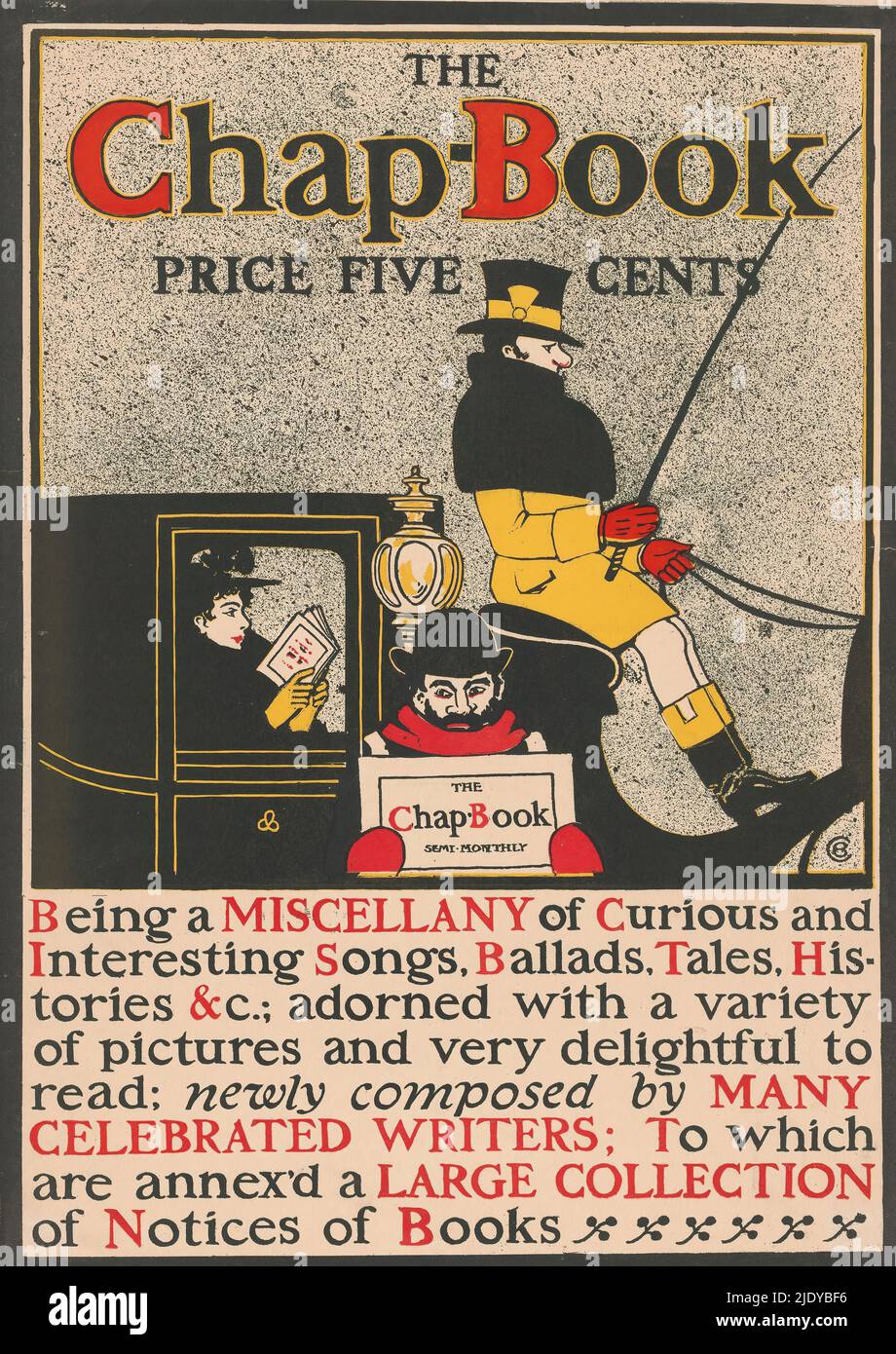 Facture publicitaire pour le magazine CHAP-Book, chariot avec un coachman au buck et dans le chariot une femme lisant. Au premier plan, un homme portant un chapeau et un foulard est muni d'un panneau publicitaire., imprimeur: Anonyme, après conception par: Claude Fayette Bragdon, (mentionné sur l'objet), 1896, papier, hauteur 462 mm × largeur 317 mm Banque D'Images