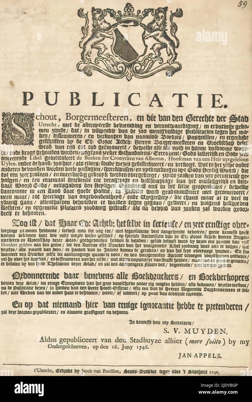 Ordonnance de la ville d'Utrecht concernant les imprimeurs de livres et les libraires, texte imprimé avec les armoiries de la ville d'Utrecht au sommet., fabricant: Stadsbestuur Utrecht, (mentionné sur l'objet), imprimeur: Jacob van Poolsum, (mentionné sur l'objet), Utrecht, 1746, papier, impression typographique, hauteur 462 mm × largeur 342 mm Banque D'Images