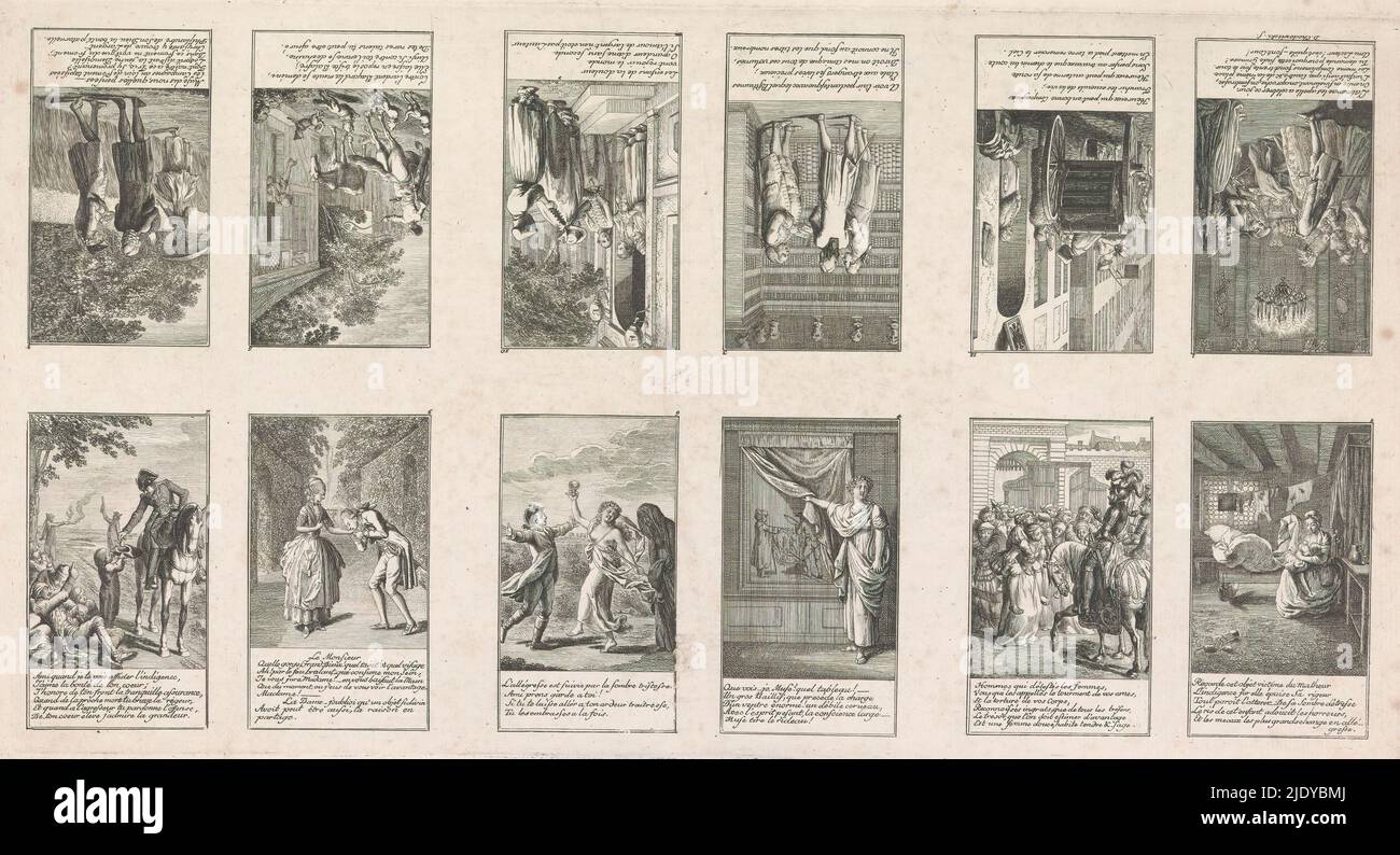 Douze scènes moralistes et satiriques, feuille non coupée avec douze scènes numérotées, chacune avec légende en français. Parmi les scènes figurent: L'intérieur avec une femme pauvre et un enfant (2), trois hommes dans une bibliothèque (3), une muse révélant un tableau (4), et deux buckers devant l'entrée d'une maison (10)., imprimeuse: Daniel Nikolaus Chodowiecki, (mentionné sur l'objet), 1778, papier, gravure, hauteur 208 mm × largeur 393 mm Banque D'Images
