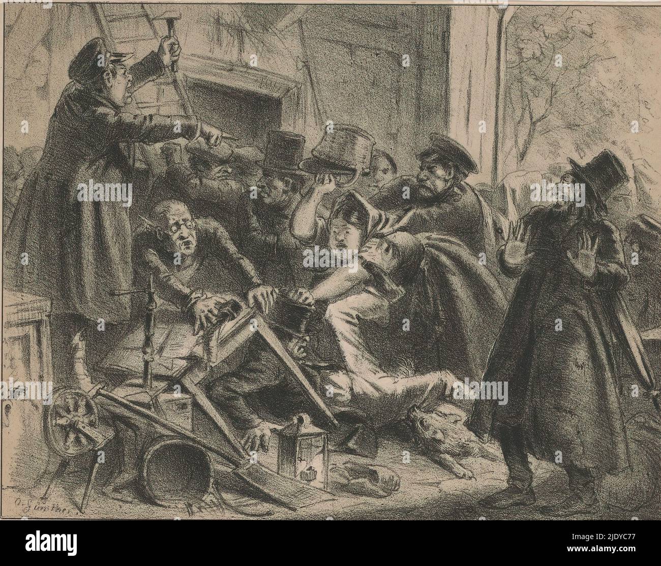 Querelle au cours d'une vente aux enchères de biens ménagers, Enchère (titre sur objet), Une querelle a éclaté au cours d'une vente aux enchères publique de biens ménagers. Une femme frappe avec un panier un homme couché sur le sol. À droite se trouve une caricature d'un juif tenant ses mains en état d'alarme. La légende montre qu'il fait allusion à la double signification du mot 'strike., imprimerie: O. Günther, (mentionné sur l'objet), après conception par: O. Günther, (mentionné sur l'objet), imprimeur: Arnz & Co., Düsseldorf, 1820 - 1858, papier, hauteur 180 mm × largeur 209 mm Banque D'Images