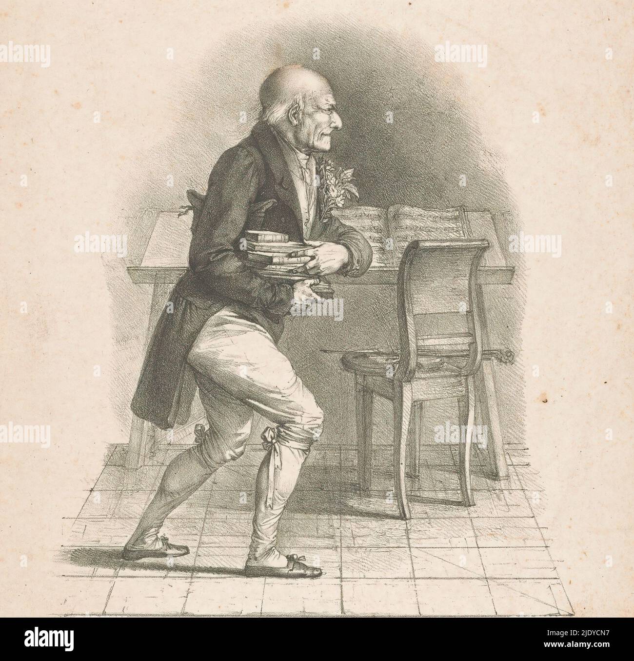 Violoniste avec une pile de livres sous son bras, Un homme avec une tête chauve et des fleurs sur son manteau tient sous son bras droit un chapeau et une pile de livres. En arrière-plan, il y a une lutrin avec une musique en feuilles ouverte et une chaise avec un violon., imprimeur: Anonyme, c. 1800 - c. 1850, papier, hauteur 398 mm × largeur 279 mm Banque D'Images