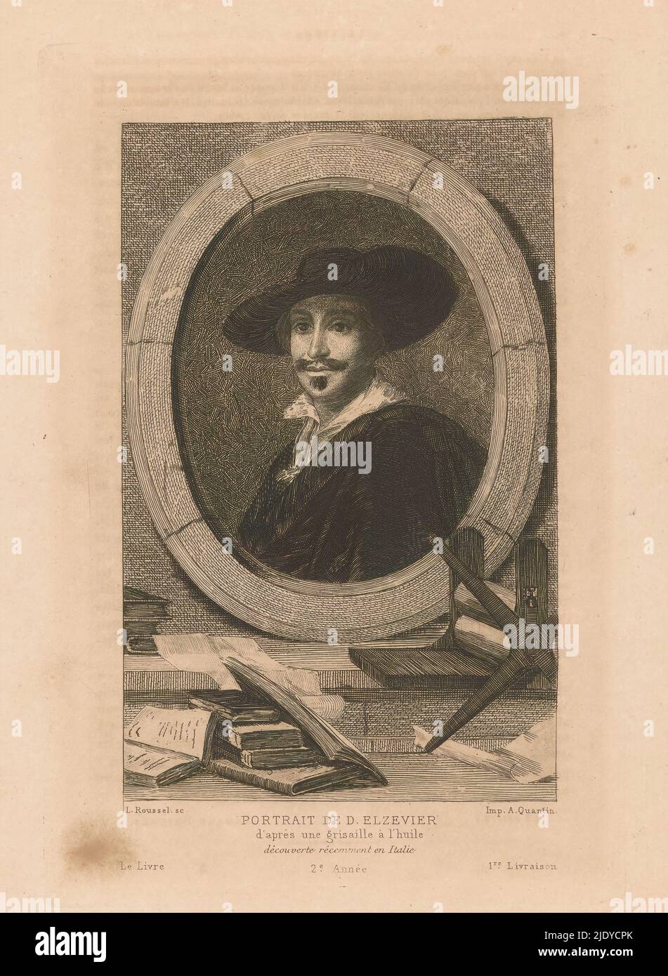 Portrait de Daniel Elzevier, Portrait de D. Elzevier (titre sur objet), Portrait de Daniel Elzevier, imprimeur et éditeur de livres à Leiden et Amsterdam. Portrait ovale dans un cadre architectural avec des piles de livres et une presse à assiettes ci-dessous., imprimerie: L. Roussel, (mentionné sur l'objet), après peinture par: Anonyme, imprimeur: Albert Quantin, (mentionné sur l'objet), Paris, 1881, papier, gravure, hauteur 206 mm × largeur 138 mm Banque D'Images