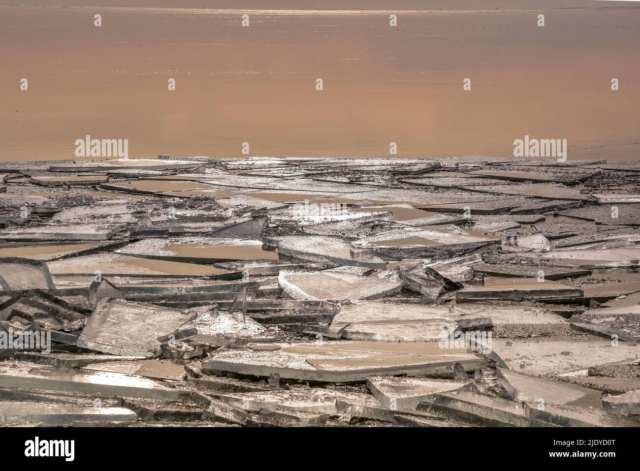 Wijdenes, pays-Bas - 14 février 2021. Glace pilée et glace flottante le long de la rive de Markermeer, pays-Bas Banque D'Images