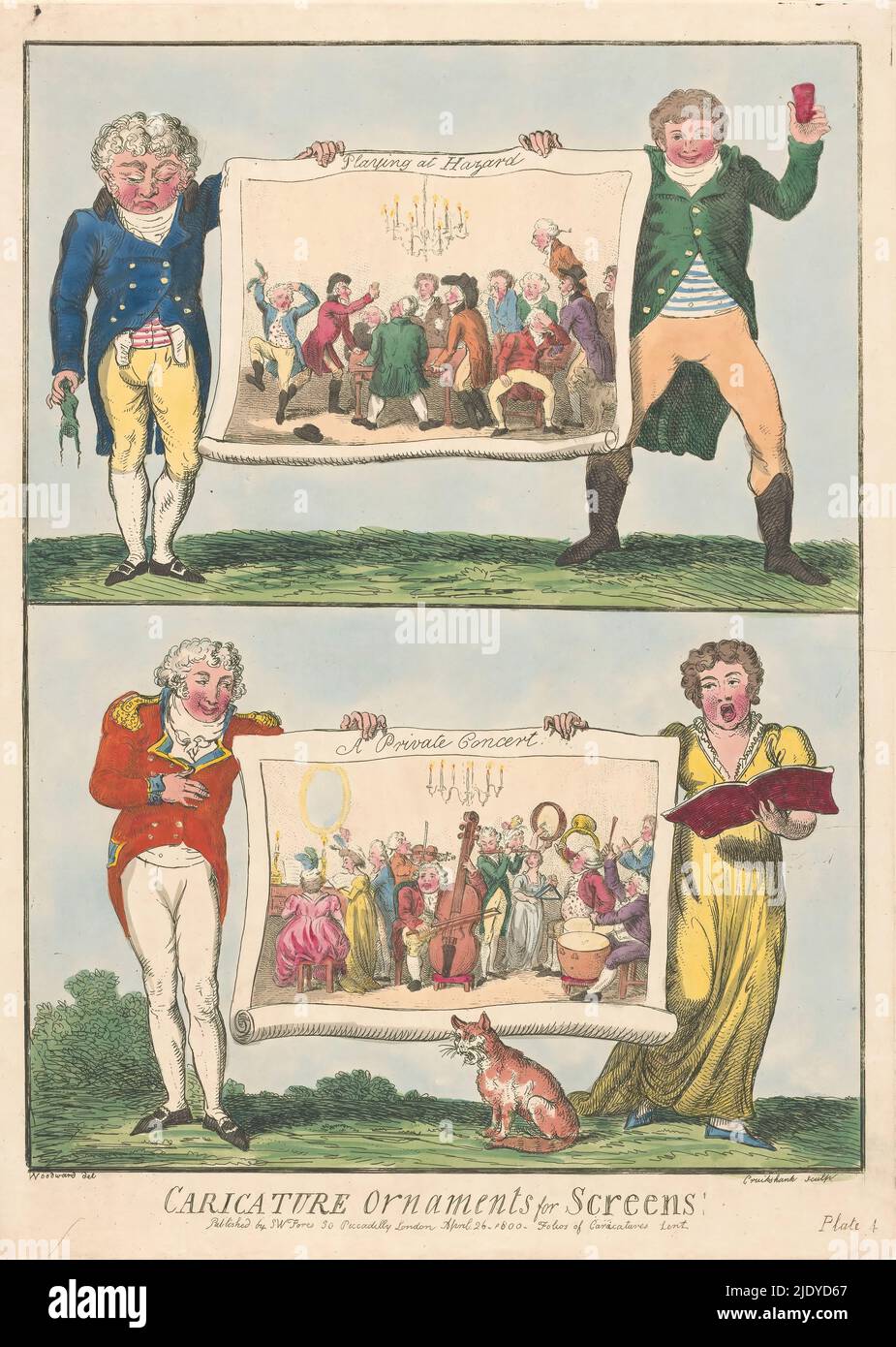 Compagnie de dication et de fabrication de musique, jouer à Hazard / Un concert privé (titre sur objet), caricatures pour écrans pliants (titre de série), ornements de caricature pour écrans!!! (Titre de la série sur l'objet), feuille avec deux représentations, chacune représentée sur un défilement maintenu par deux figures. Au-dessus d'un intérieur avec des hommes jouant 'Hazard', un jeu de dés populaire. Ci-dessous un intérieur avec des hommes et des femmes jouant divers instruments, y compris violon, flûte, triangle et tambour., imprimeur: George Cruikshank, (mentionné sur l'objet), après dessin par: George Moutard Woodward, (mentionné sur l'objet), éditeur: Samuel W. fo Banque D'Images