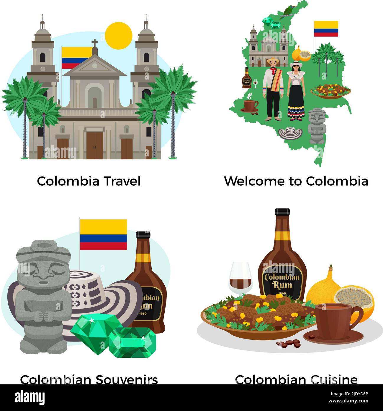 Icônes du concept touristique de Colombie avec souvenirs et symboles de cuisine illustration vectorielle isolée plate Illustration de Vecteur